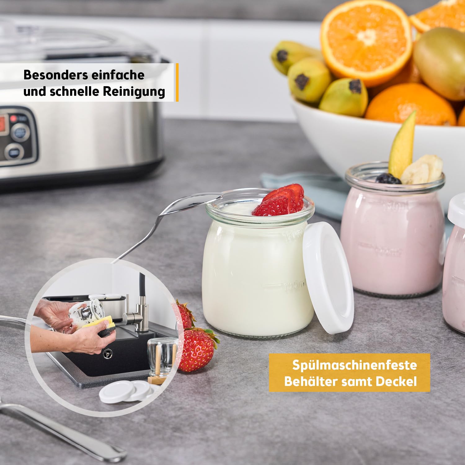 TZS First Austria - Joghurtbereiter 25W inkl. 8 Glasbehälter à 180 ml für bis 1,4L selbstgemachten Joghurt - Yogurt Maker mit Temperatur 20-55°C, Abschaltautomatik & LCD-Display - Joghurtmaschine weiß