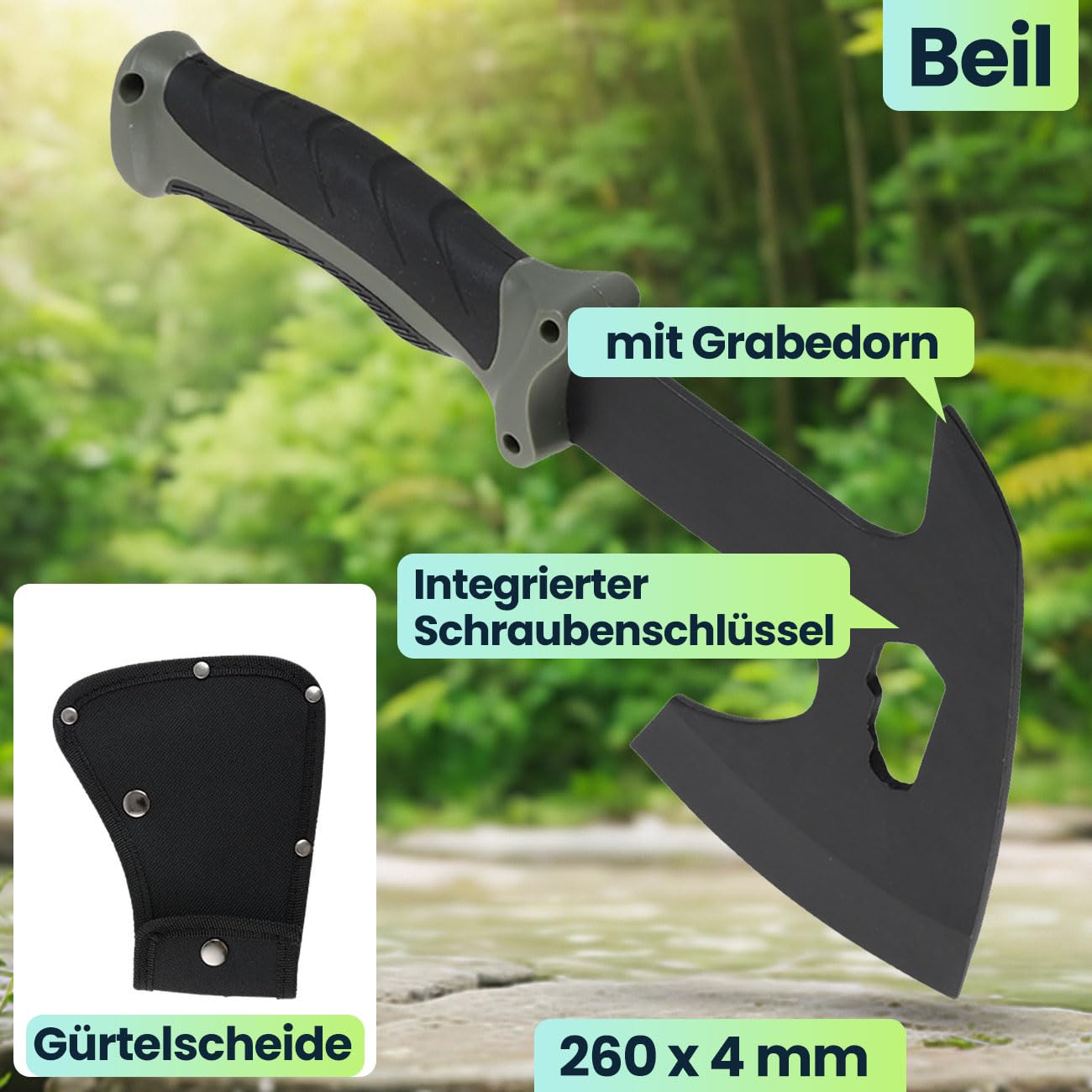 Survival Set - Beil, Messer & Machete mit 3 Gürtelscheiden, Wetzstein & Profi-Feuerstahl inklusive Flaschenöffner und Messskala für Outdoor