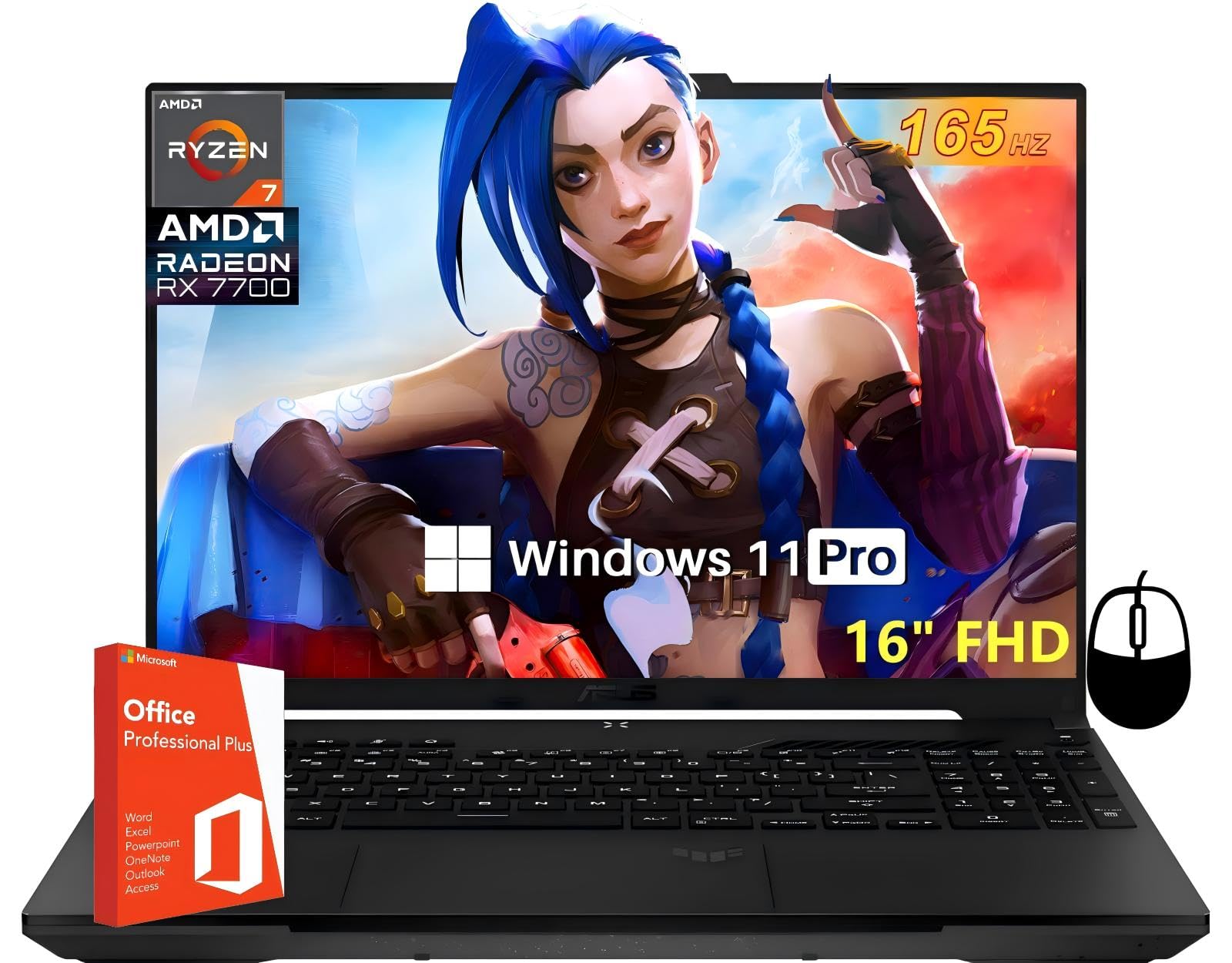 ASUS TUF A16 Gaming Laptop with Lifetime MS Office Pro, AMD Ryzen 7 7735 HS (Up to 4.75 GHz), Radeon RX7700S, 16" FHD 165 Hz, 64 GB DDR5, 4 TB SSD, RGB Backlit KB, Wi-Fi 6, Win 11 Pro, w/Accessories
