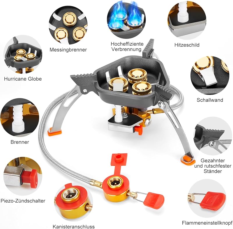 WADEO 7200W szélálló kemping gázfőzőhely piezo gyújtással és bután adapterrel