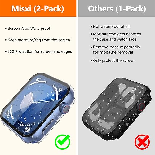 Miniatura 2 de Misxi Paquete de 2 - Funda rígida impermeable con vidrio templado compatible con Apple Watch Series 9 (2023), Series 8, Series 7 de 45 mm, funda