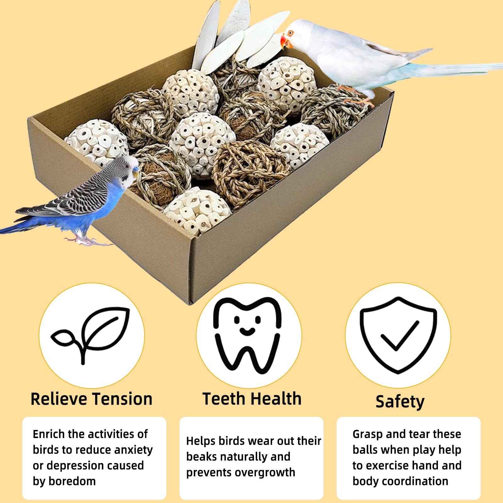 Bird Toys Sola Balls - Juguetes para periquitos con bolas de hierba suave natural para masticar loros, conures, conejos, hámster, cobayas, chinchilla. (Estilo 2, 18 piezas)
