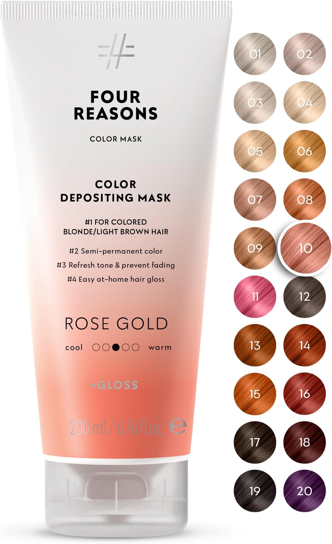 FOUR REASONS Color Mask, Rose Gold (27 Colors) – Hair Gloss & Color Depositing Conditioner – Semi Permanent Hair Toner for Color-Treated Hair Color For Women – Vegan & Cruelty-Free – 6.76 fl oz
