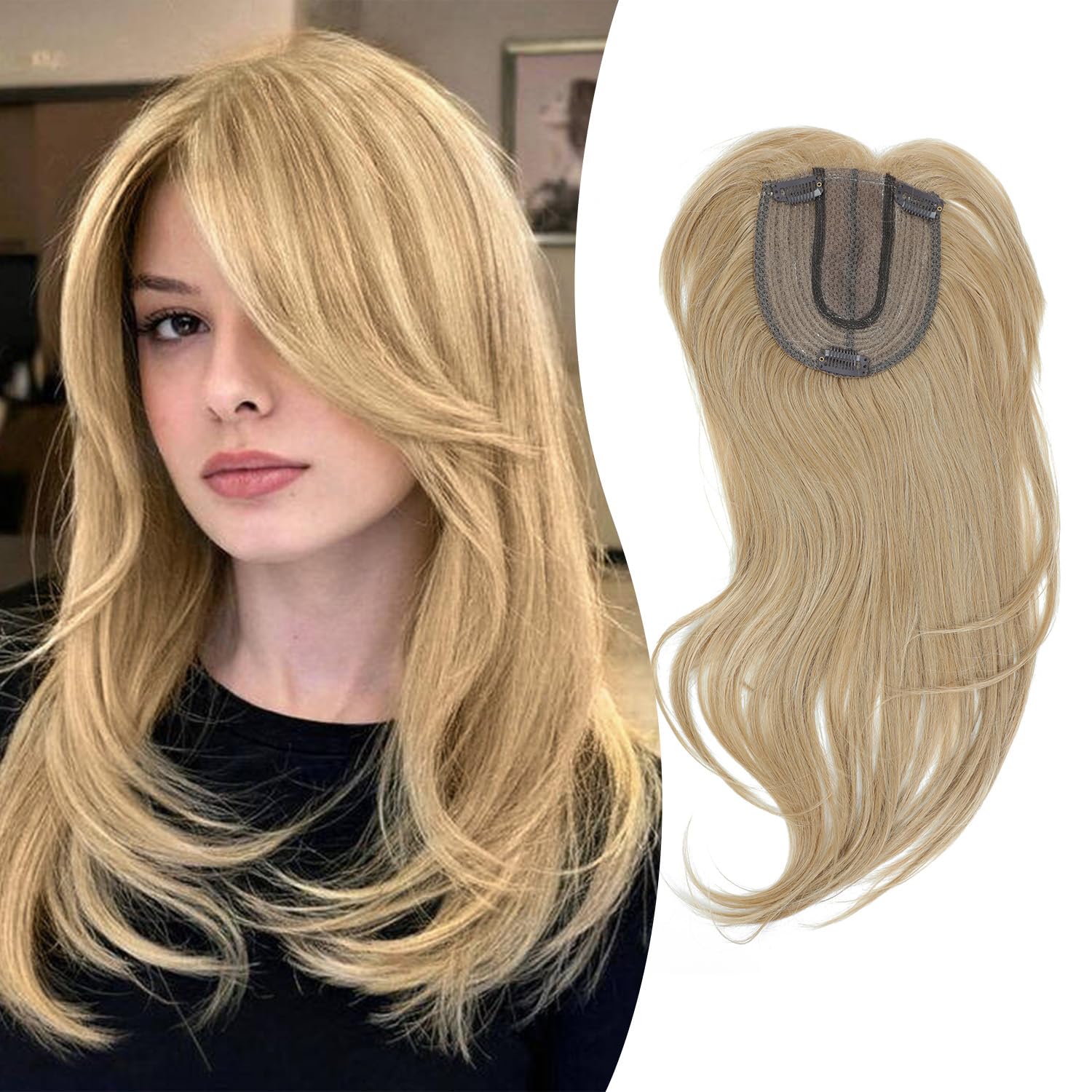 UDU Hair Toppers for Women, Synthetic Fiber, Golden Blonde, Straight, 18 Inch, 5x5 Inch Base, Clip-in Wiglets with Fringe Bangs