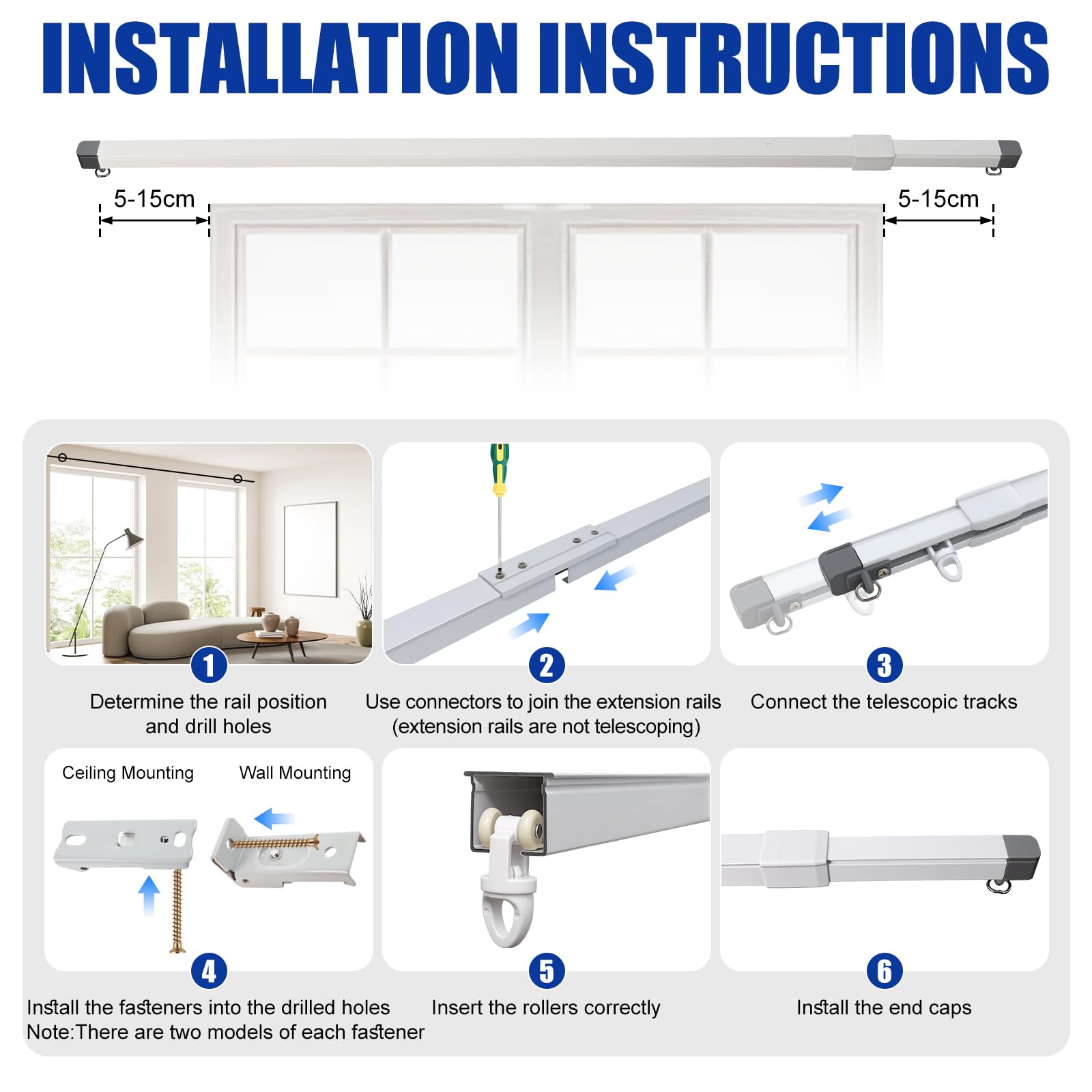 Riel de Cortina de Techo Aluminio 97-250 cm | Riel para Cortinas con Deslizadores y Ganchos | para Instalación en Techo y Pared | para Dormitorios, Salones, Oficinas y Baños