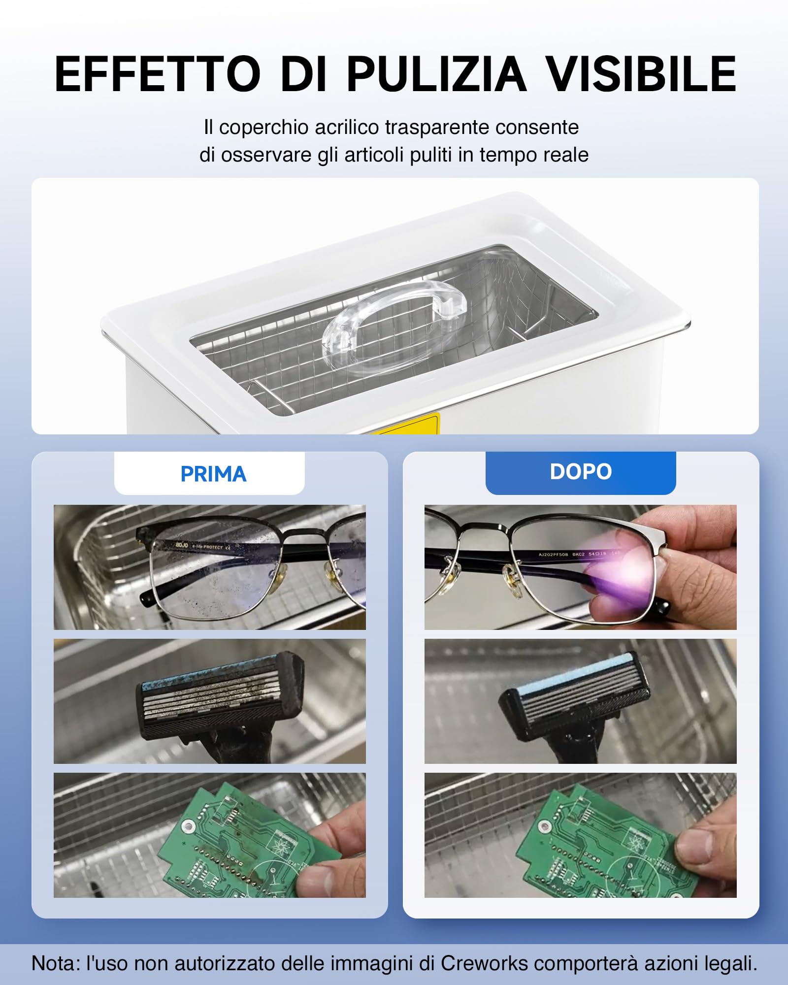 CREWORKS 3L Pulitore Ultrasuoni Digitale 120W Vasca Ultrasuoni con Modalità Degas e 7 Livelli di Oscillazione 3 Modalità 100W Riscaldatore e Timer per Orologi Occhiali Uso Domestico