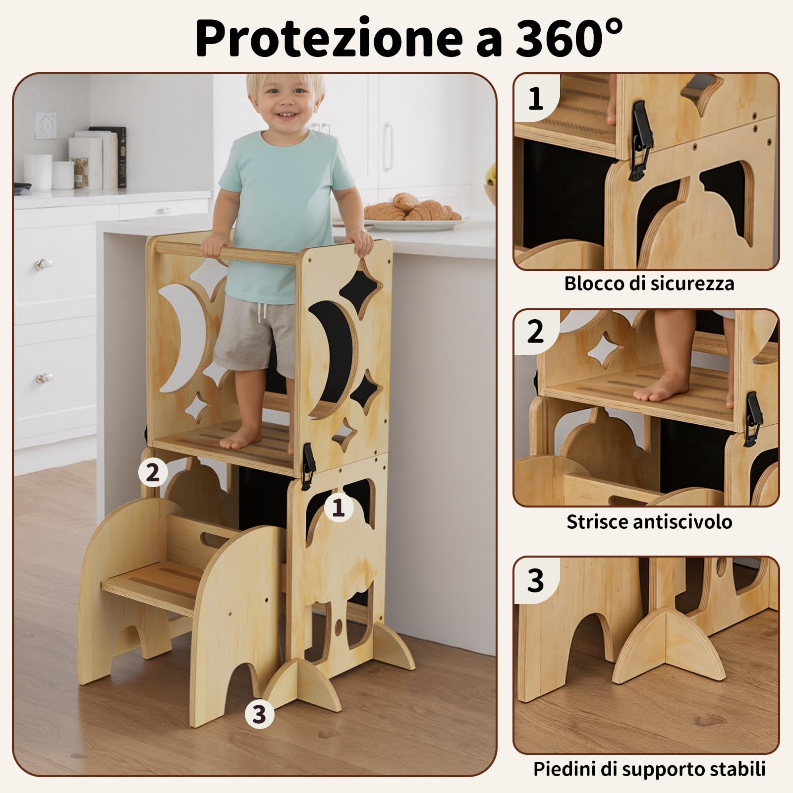COSYLAND Torre Montessoriana Bambini 4 in 1 - Torretta Montessoriana con Scrivania e Sedia in Legno Naturale