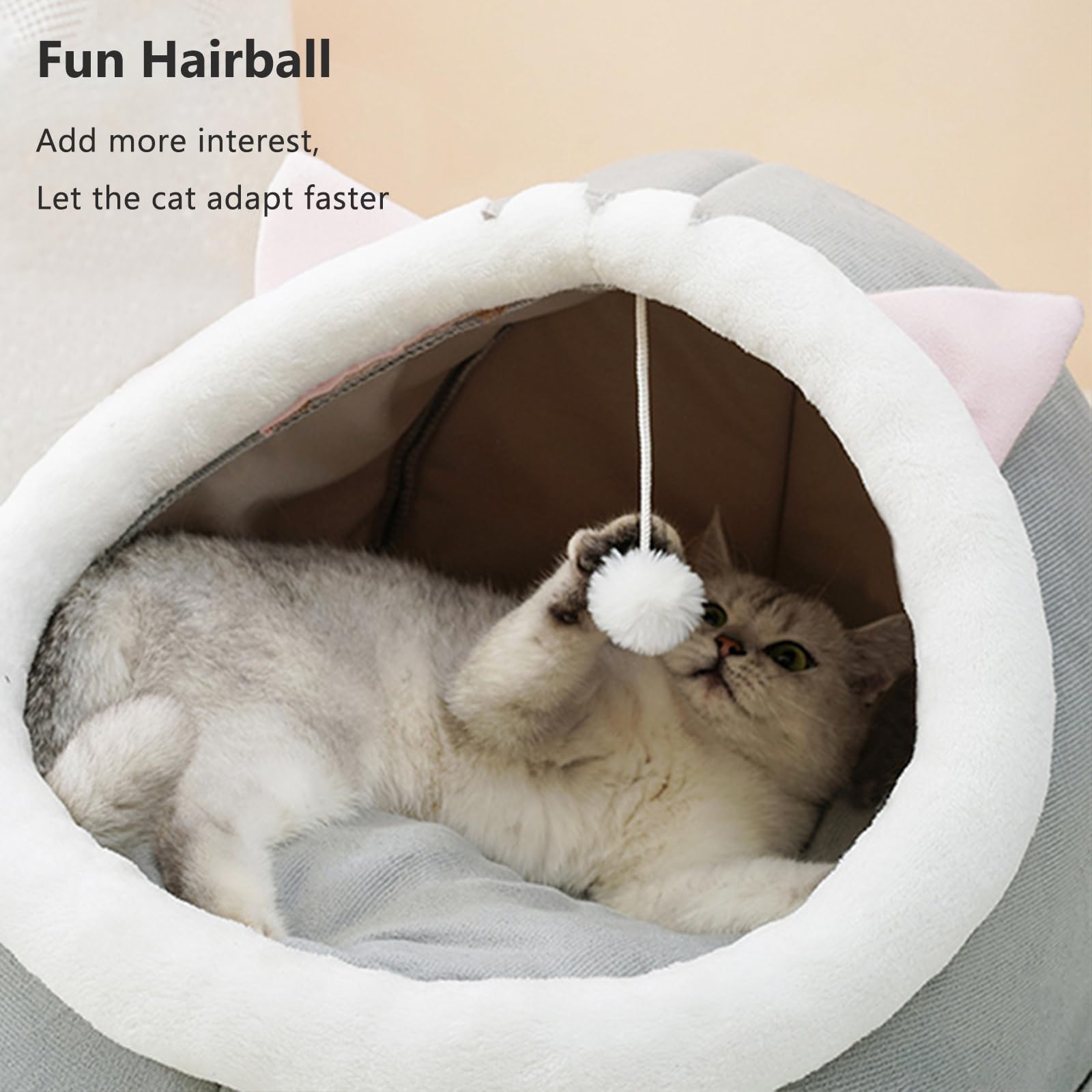 Katzenbett für den Innenbereich, weiches, süßes Katzenhaus, halbgeschlossenes Katzenhöhle Bett mit Plüschball, großer Raum, abnehmbar, waschbar, für Vier Jahreszeiten geeignet,L