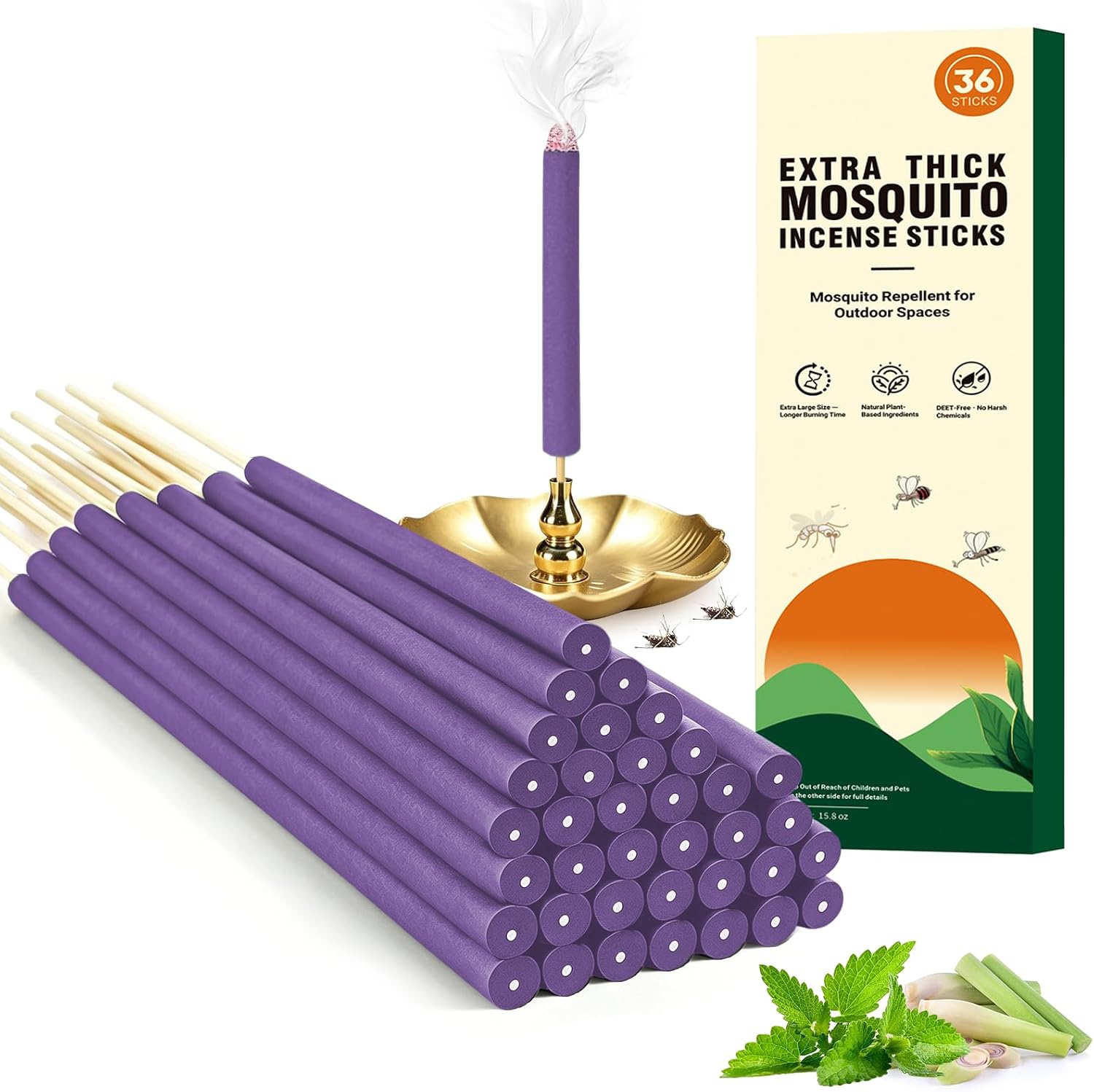 36 PCS Extra Thick Citronella Incense Sticks Outdoor Use for Patio Yard Garden Camping and More, Extra Strong Mosquito Repellent Citronella Sticks, DEET-Free Mosquito Incense Sticks Safe for Kid & Pet
