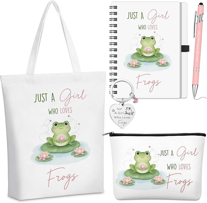 Conjunto Ceenna com 5 peças tema Sapo: bolsa de lona, necessaire, chaveiro, caderno espiral A6 e caneta
