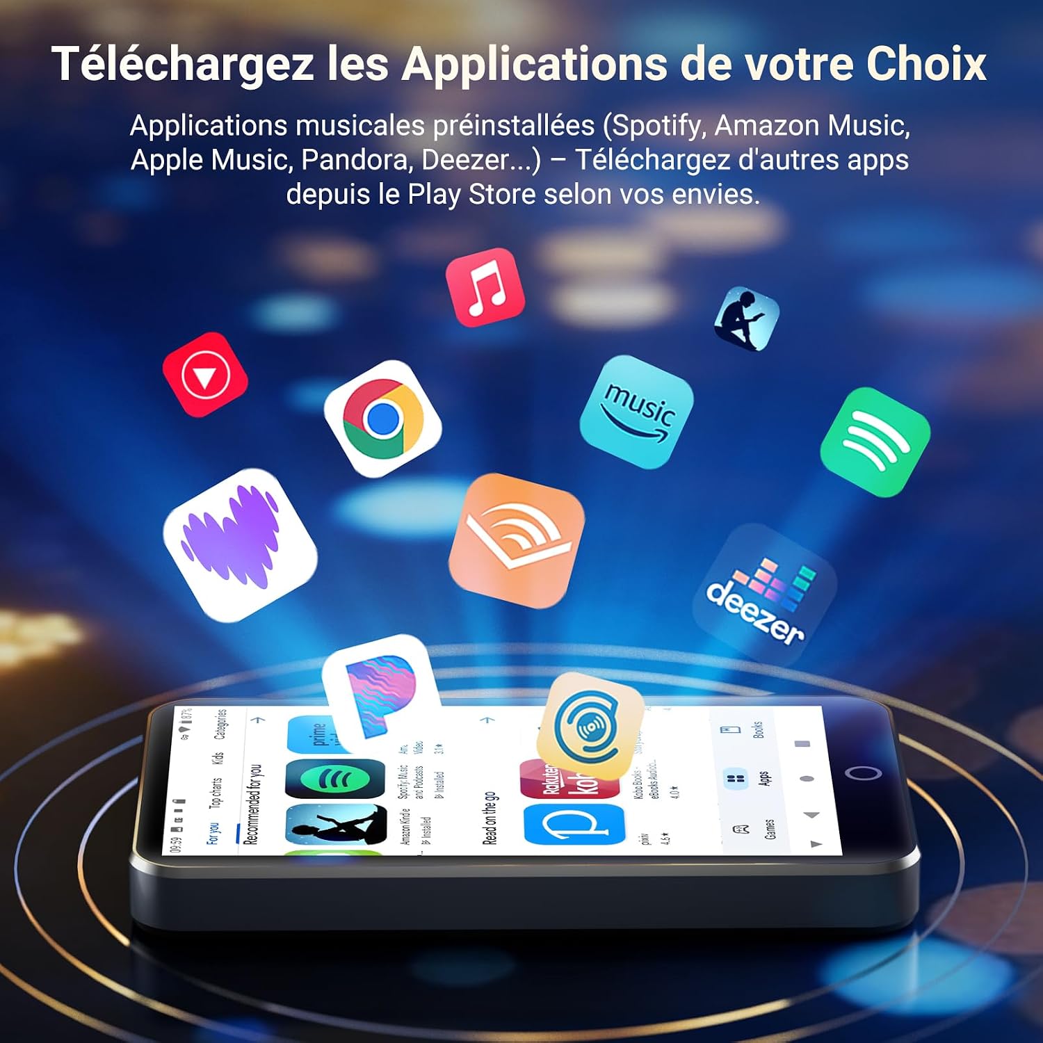 MECHEN MP3 Player showing various app icons and Play Store