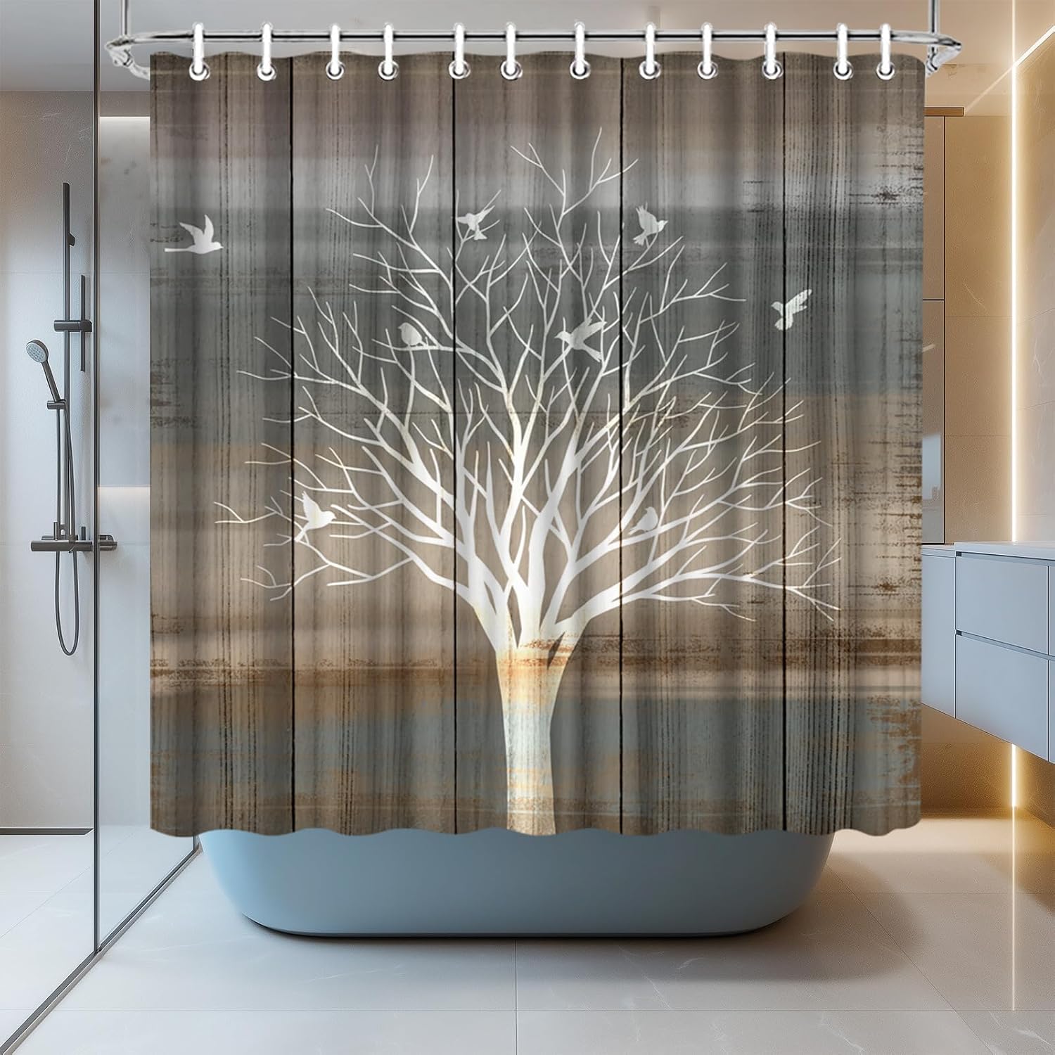 Rustic Tree Shower Curtain Beige Abstract Forest Branch Nature Bath Curtain Vintage Country Style Bathroom Decor Fabric Curtain with Hooks