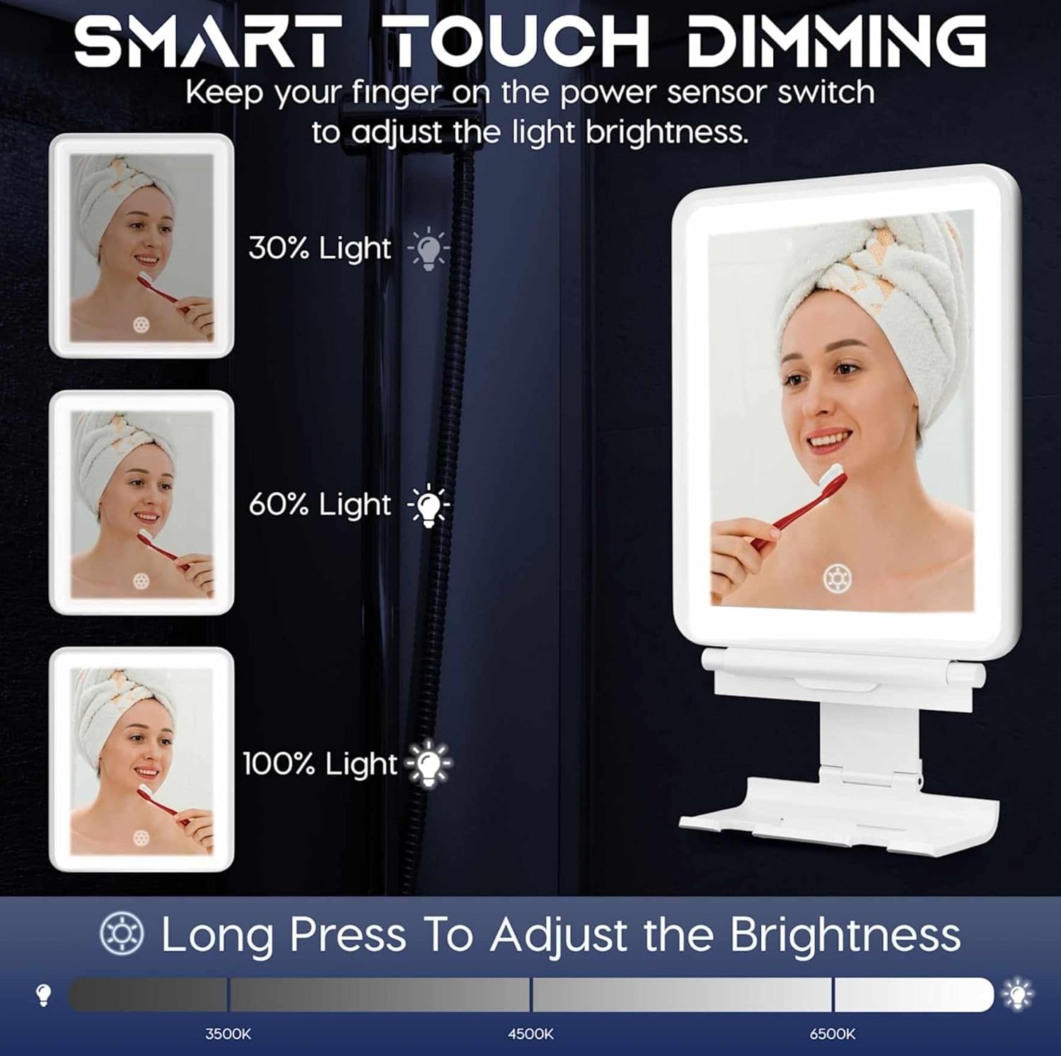 Vanity Mirror with Lights | Fogless Shower Mirror | 3 Light Lightweight Shaving Mirror with A Squeegee | Rust-Proof LED Wall Mirror | Storage Shelf for Bathroom Accessories (White)