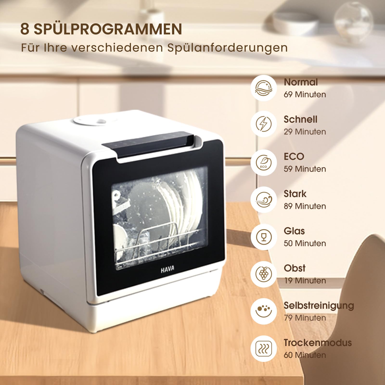 HAVA Tischgeschirrspüler 8 Programme Mini Spülmaschine mit Kindersicherung Startverzögerung 5L Wassertank
