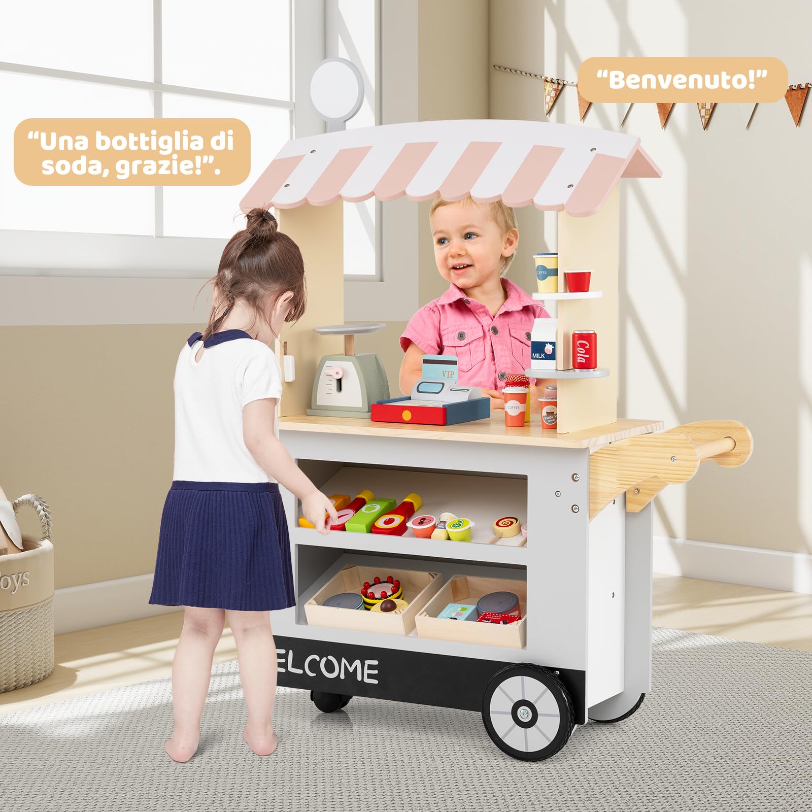RELAX4LIFE Bancarella Giocattolo per Bambini, Gioco Negozio/Supermercato in Legno con Registratori di Cassa, Bancarella Mercato per Bambini 3+ Anni (GRIGIO)