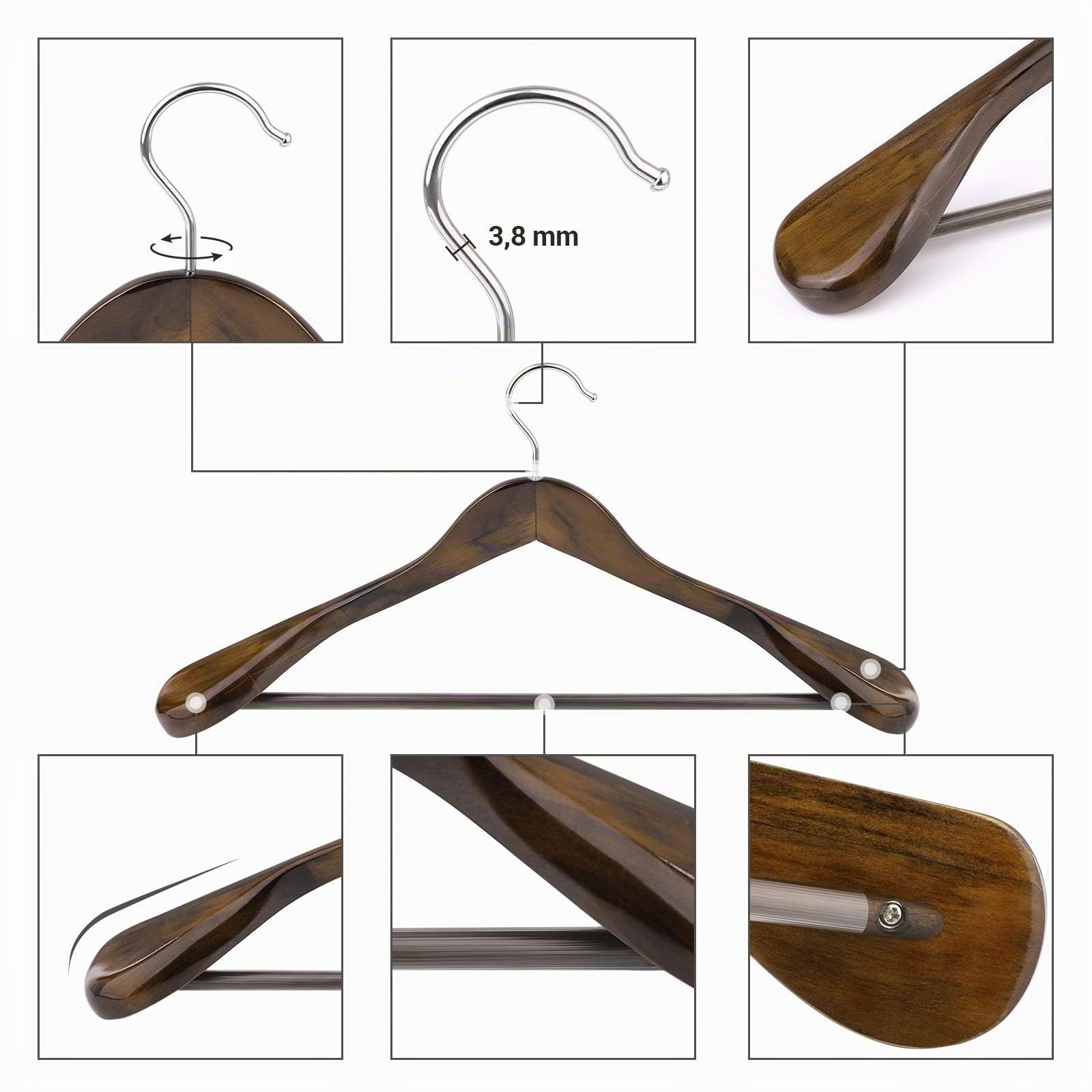 SONGMICS Perchas para trajes, perchas de madera maciza con extremos anchos, barra antideslizante para pantalones, juego de 6 para atuendos, camisas, abrigos, chaquetas, pantalones, gancho giratorio de