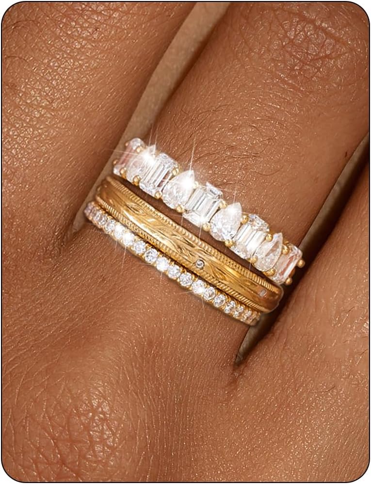 Stackable Gold Rings for Women Non Tarnish Chunky 14K Gold Plated Stacking Cubic Zirconia Engagement Thumb Ring Set Stack Pack Statement Wedding Band Rings Promise Rings Gold Jewelry