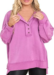 Eytino Women's Plus Size Sweatshirts | Henley V Neck Lantern Long Sleeve Button Front Ribbed Hem Patchwork Pullover Top, Casual Loose fit, 2026 Fall Fashion, 1X-5X