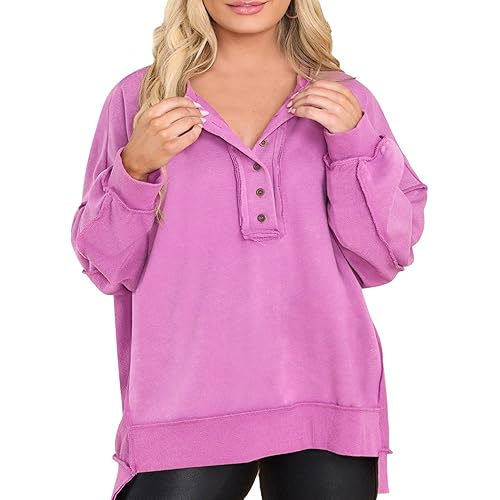 Eytino Women's Plus Size Sweatshirts Button Henley Neck Casual Long Sleeve Oversized Pullover Tops Shirts(1X-5X)