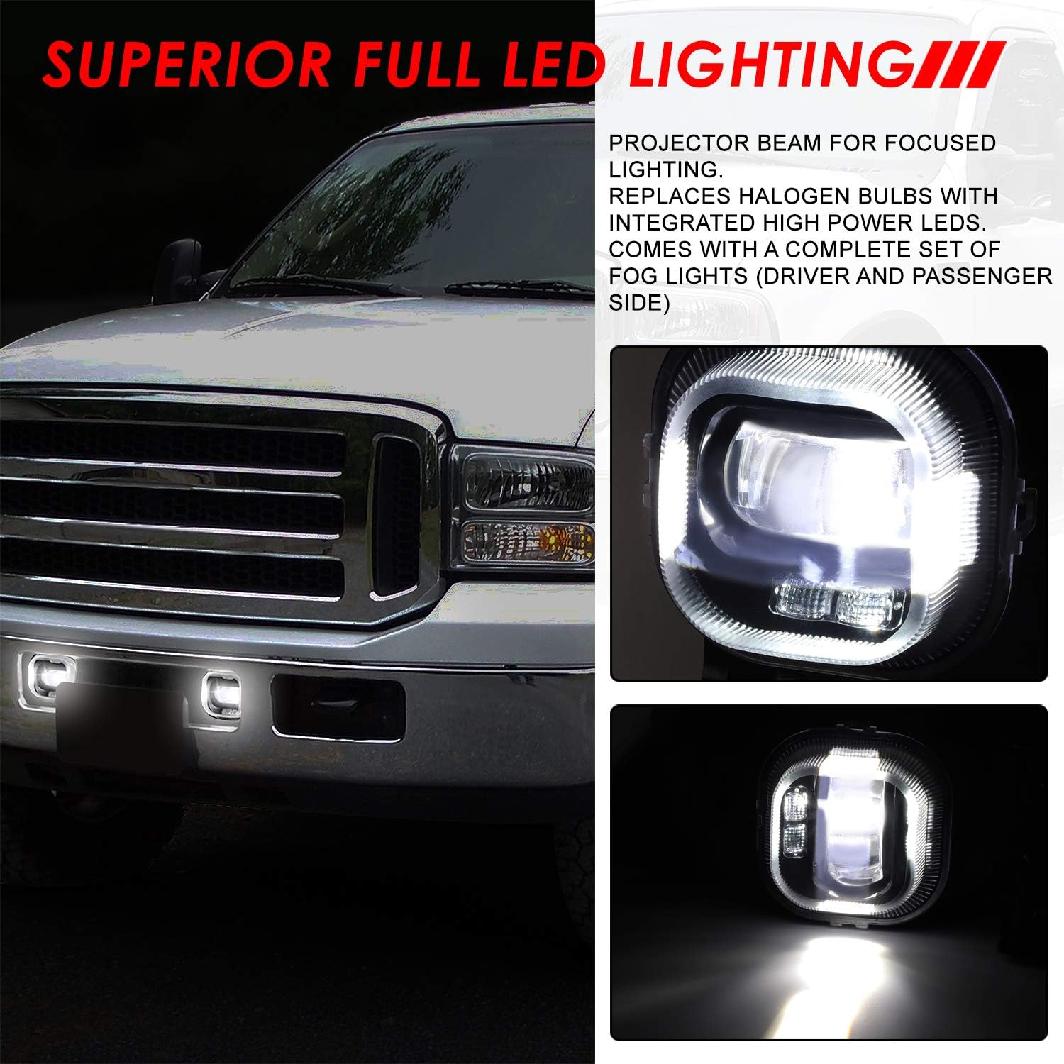 Auto Dynasty High Power LED Projector Driving Fog Lights Lamp with Switch Compatible with Ford F250 F350 F450 F550 Super Duty Excursion 05-07, Pair, Smoked Lens
