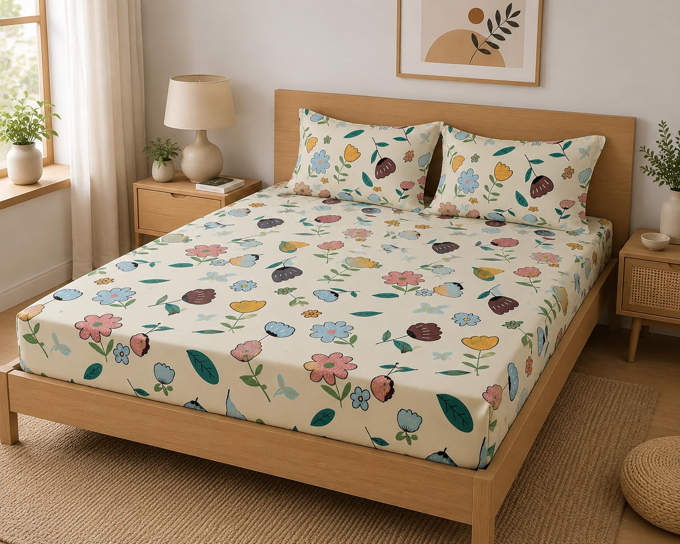 LOOMLYFE 300 TC Microfiber Soft Cotton Bedsheet for Double Bed, Size 90X100 Inches with 2 Large Size Pillow Covers Without Joint - PeachFlower