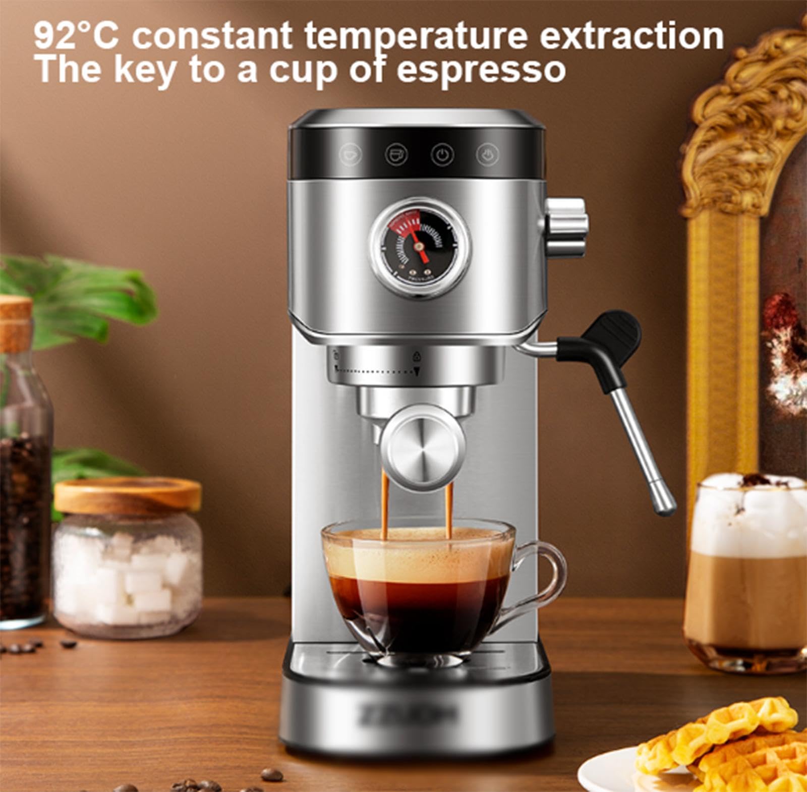 Cafetera Espresso Profesional de 20 Bares, Cafetera Espresso de Acero Inoxidable con Varilla de Vapor Espumador de Leche y Manómetro, Cafetera Compacta