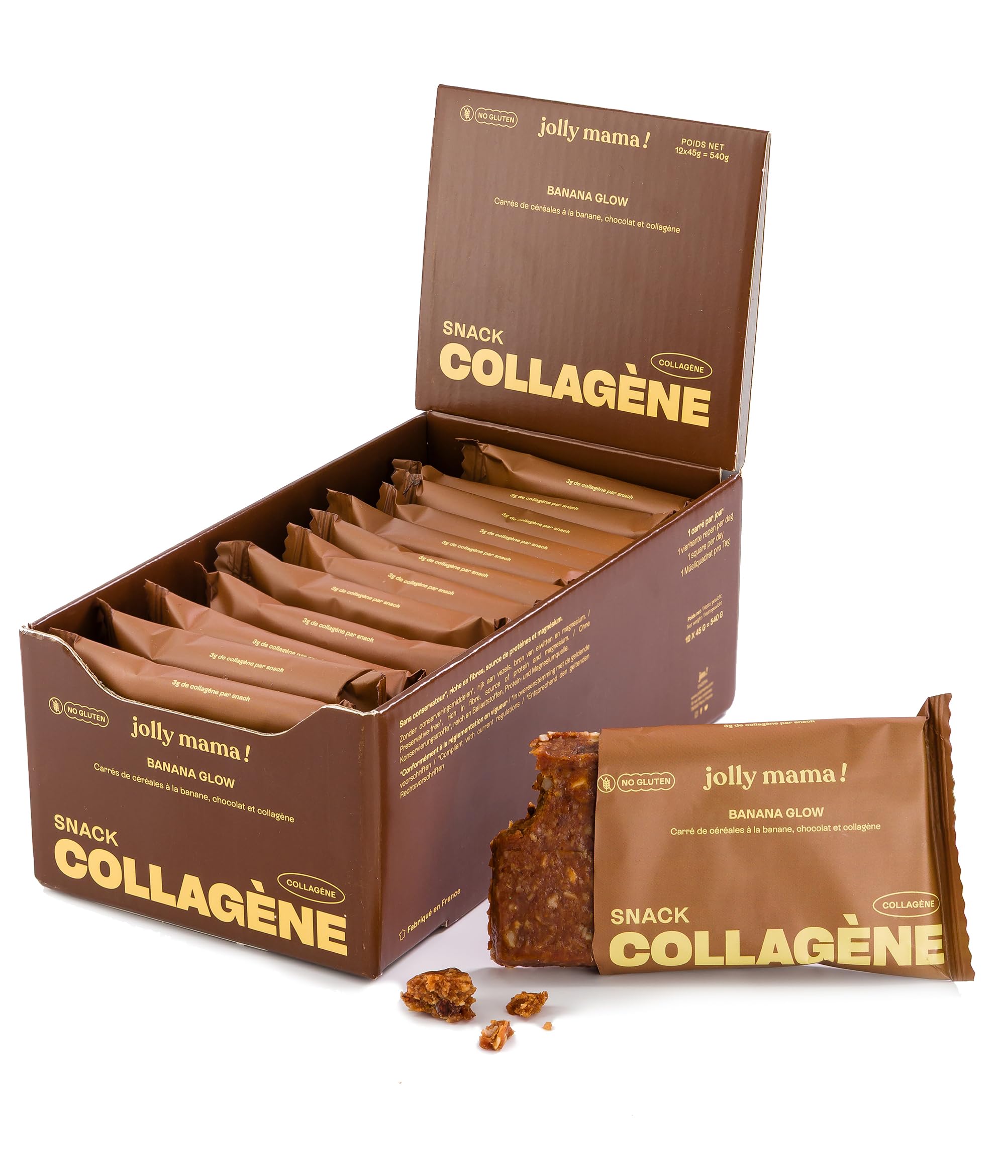 Jolly mama! Lot de 12 Barres Protéinées Collagène Banana Glow | Céréales, Banane, Pépites de Chocolat | Boost Cheveux & Peau | Sans Gluten | Compatible Grossesse et Allaitement