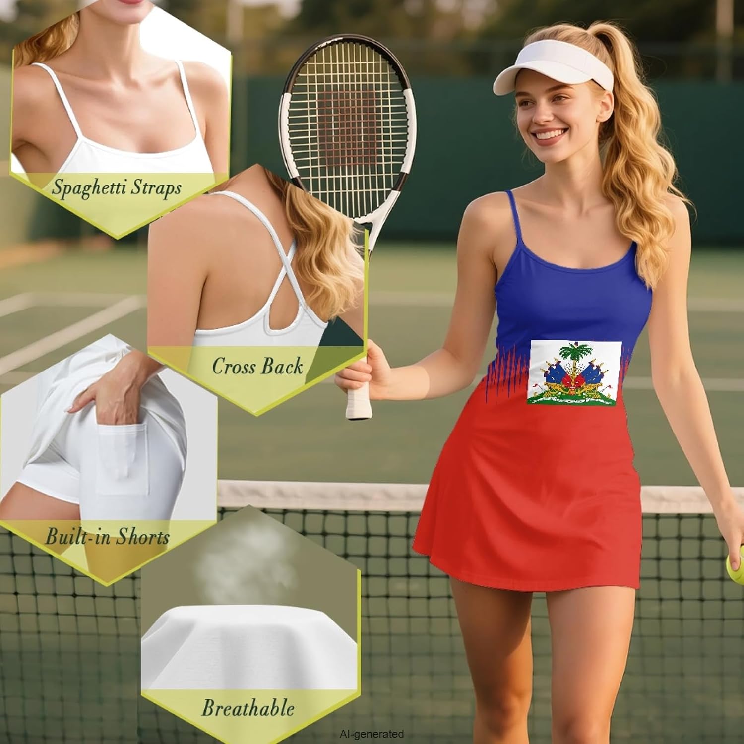 Athletic Dress for Women Tennis Spaghetti Strap Mini Dress with Built-in Shorts 2 Pockets