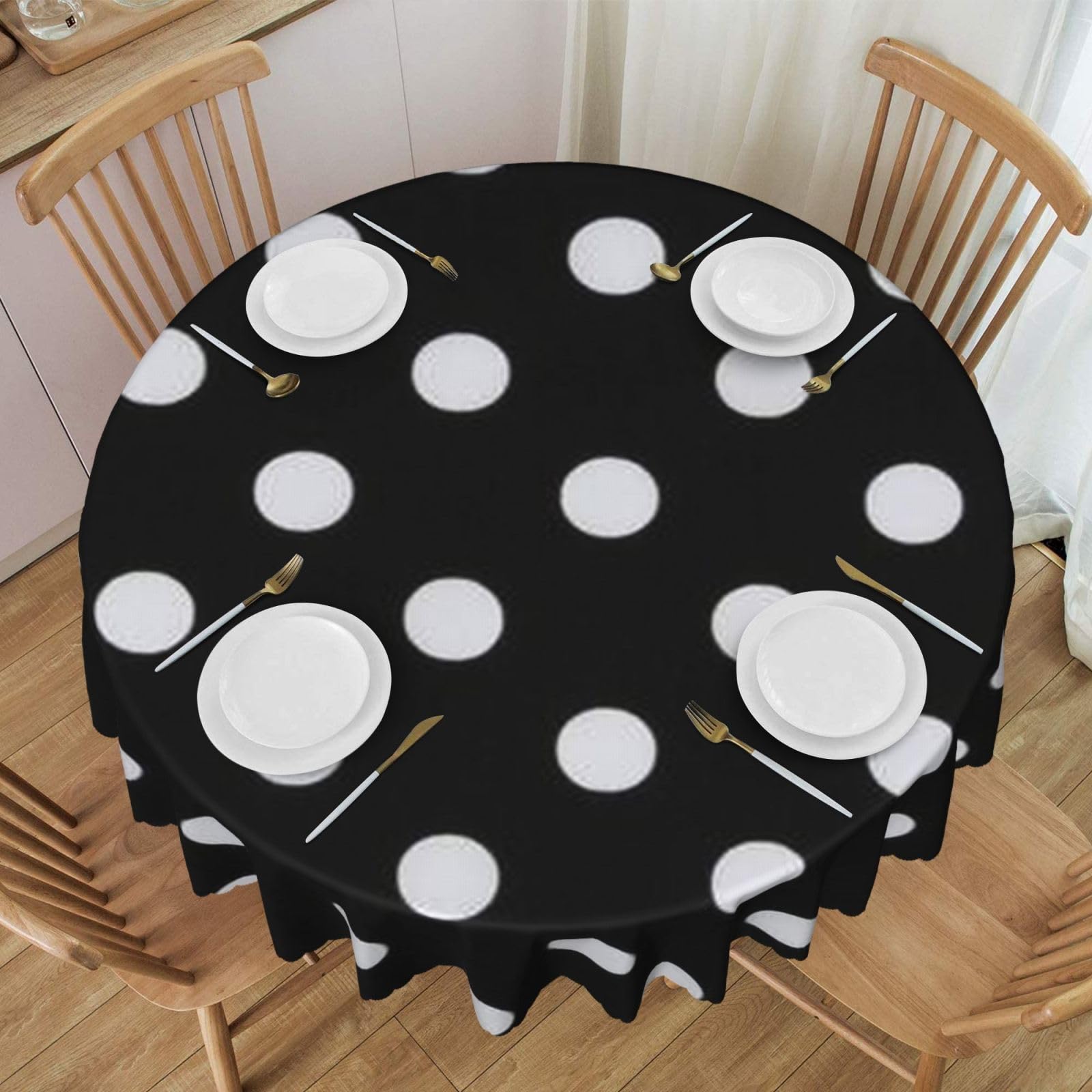 DCEHGEW 60 In Round Tablecloth with Lace, Black & White Big Dot Printed Oilproof & Washable Fabric Picnic Table Cloth Table Covers