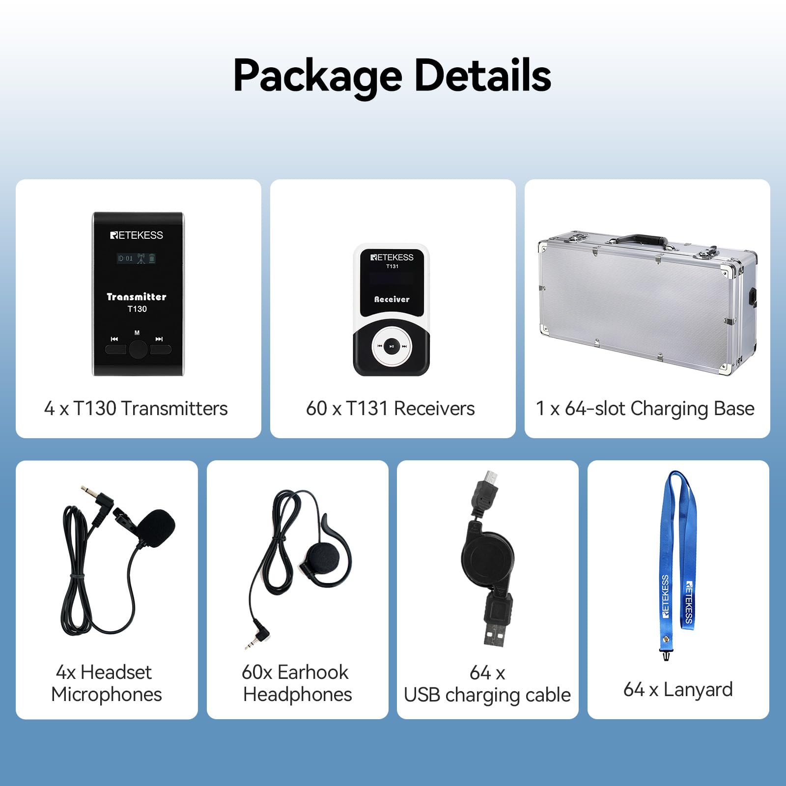 Retekess T130-T131 Sistema di Guida Turistica, Audioguide, 99 Canali, 12 Ore in Attesa,Set di Guida Turistica con Cuffie e Custodia di Ricarica 64 Slot per Turismo (4 Trasmettitori 60 Ricevitori)