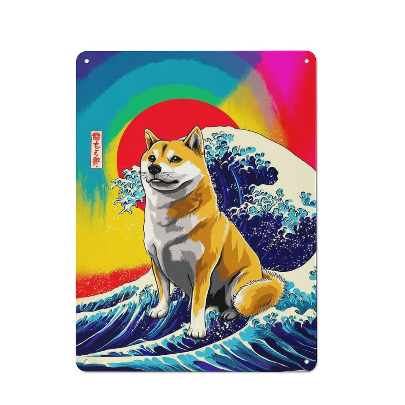 Junmoney Shiba Inu Riding A Wave 40X30cm Rustic Metal Plaque With For Café Or Restaurant, For Themed Interiors In Cafés And Restaurants