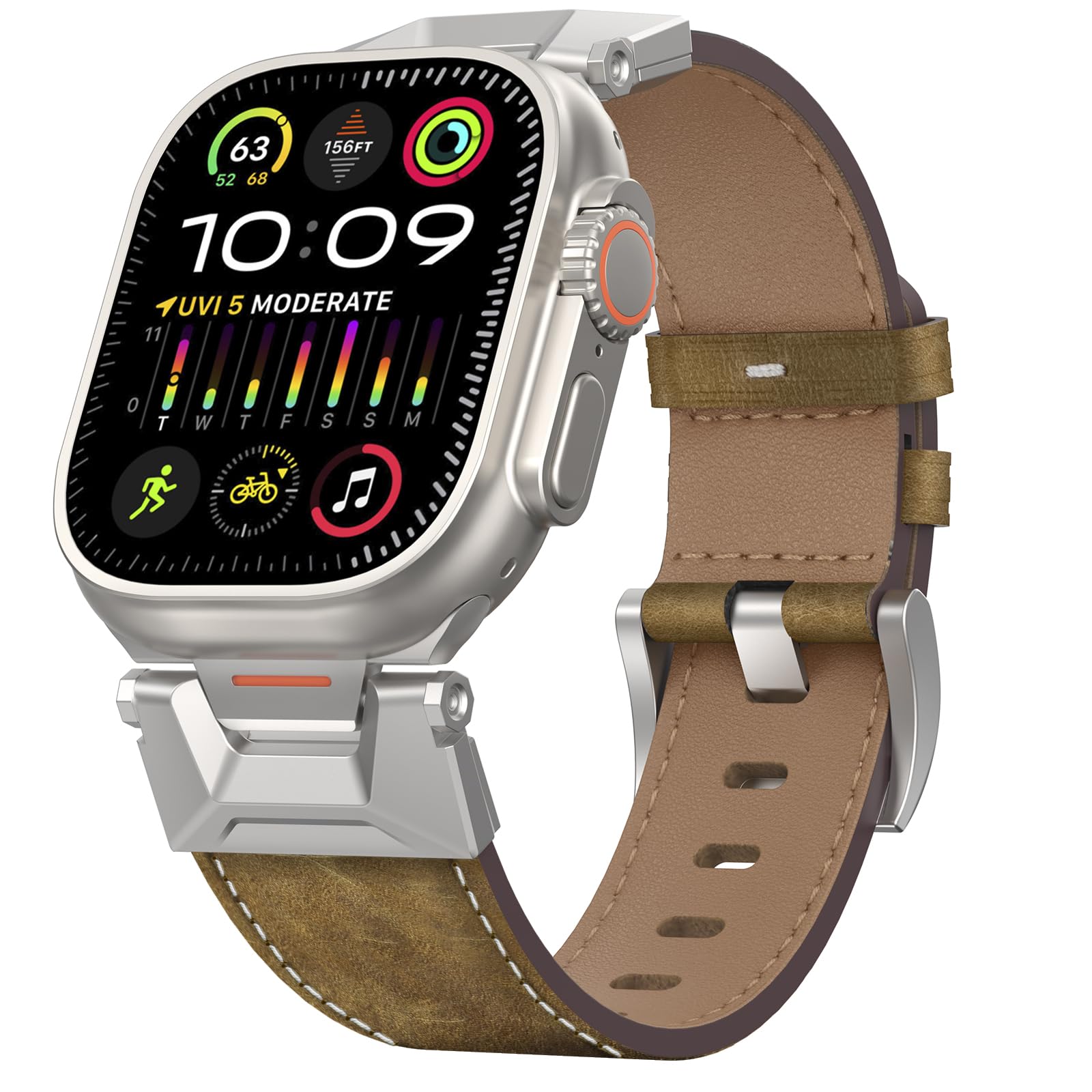 Bouixel Genuine Leather Strap Compatible for Apple Watch Ultra 3 Straps 49mm 46mm 45mm 44mm 42mm,Men Rugged Band with Metal Connector for iWatch Ultra Series 11 10 9 8 7 6 5 4 3 2 1 SE