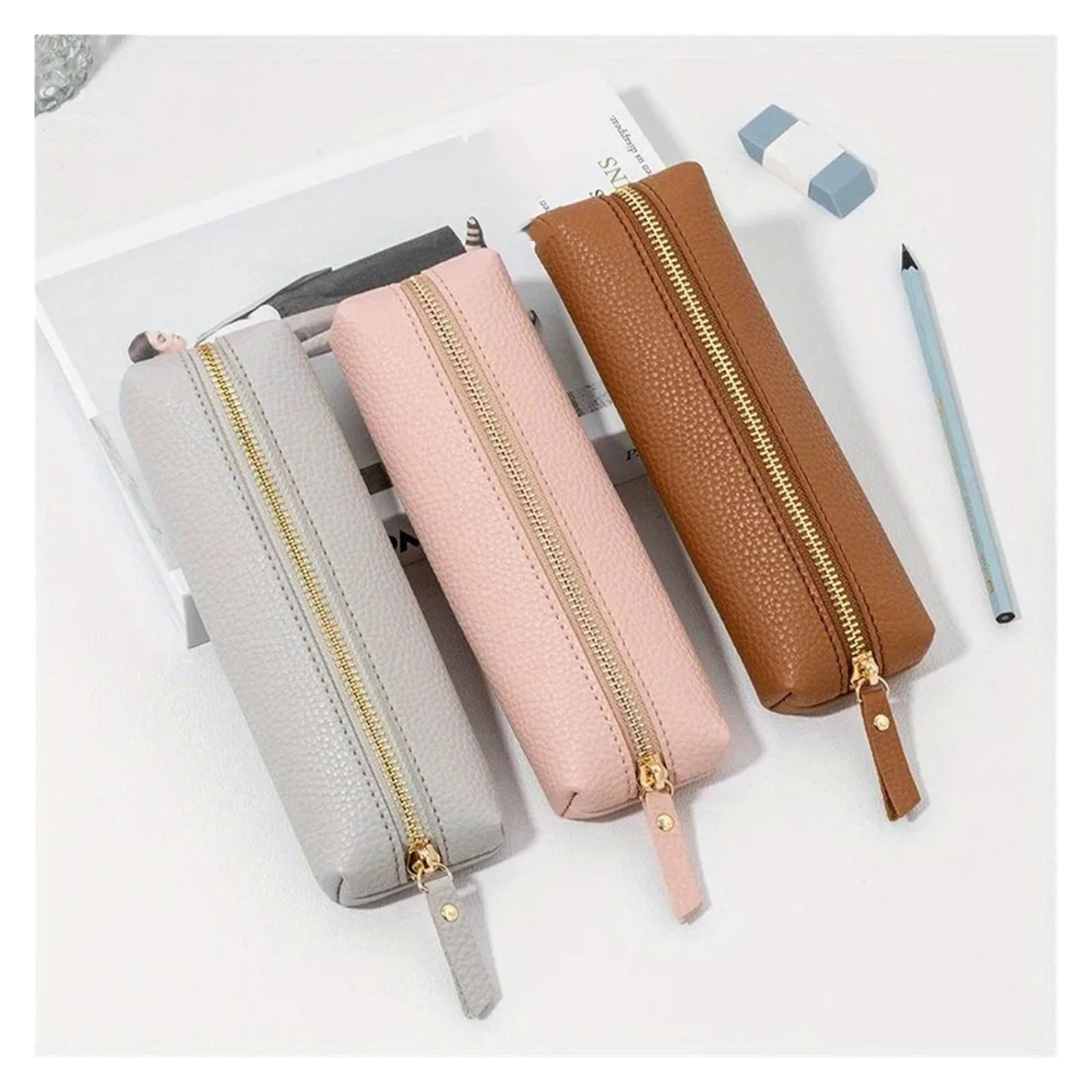 Custodia for penna in pelle PU for ufficio scolastico | Semplice, con cerniera, portatile, portapenne stilografica, leggero(Brown)