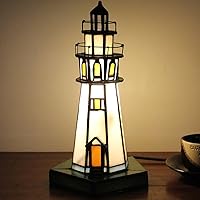 Vista 3 de Bieye L10221 Lighthouse 10 inch Tiffany Style Stained Glass Accent Table Lamp, Night Light