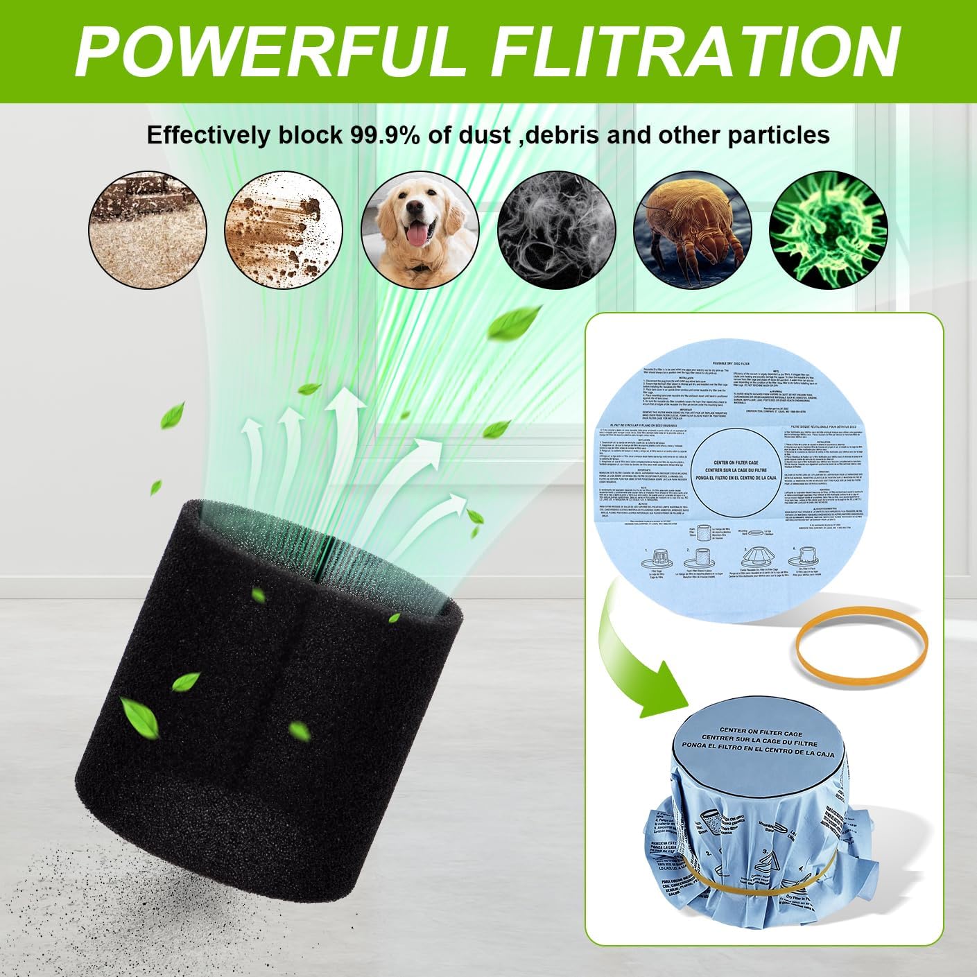 90585 Foam Sleeve Filter and 90107 Paper Disc Filter Compatible with Shop Vac 5 Gallon and Above Wet/Dry Vacuum, Part# 9010700, 9013700, 9058500 (3 Foam Filter+ 6 Disc Filter + 3 Retaining Band）