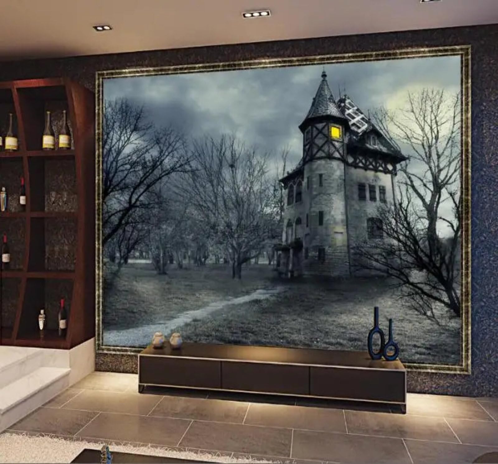 Retro Three Dimensional Eerie Castle Forest Night Scene 3D Wallpaper Easy Install Feature Office Living Room Sofa Bedroom TV Background Wall Decoration-400cm×280cm