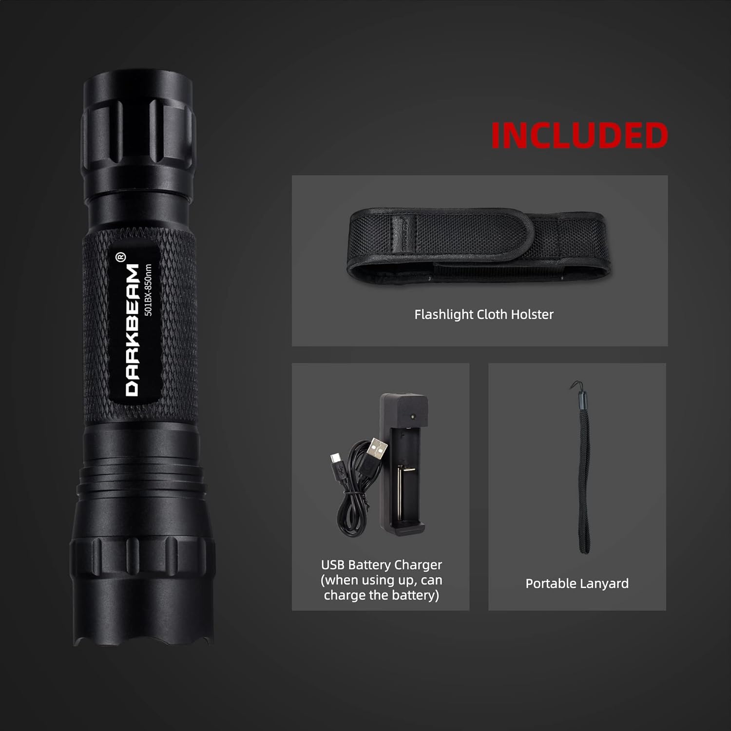 Included components: DARKBEAM IR flashlight, rechargeable battery, USB charger, cloth holster, and lanyard.