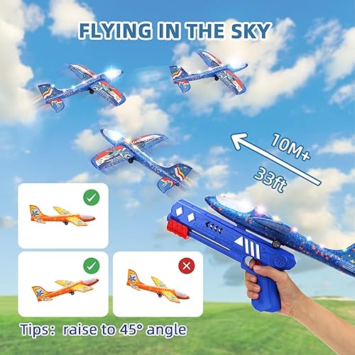 Miniatura 5 de Paquete de 3 juguetes de lanzamiento de avión de espuma, avión de catapulta LED con 2 modos de vuelo, juguetes al aire libre para niños, juguetes de