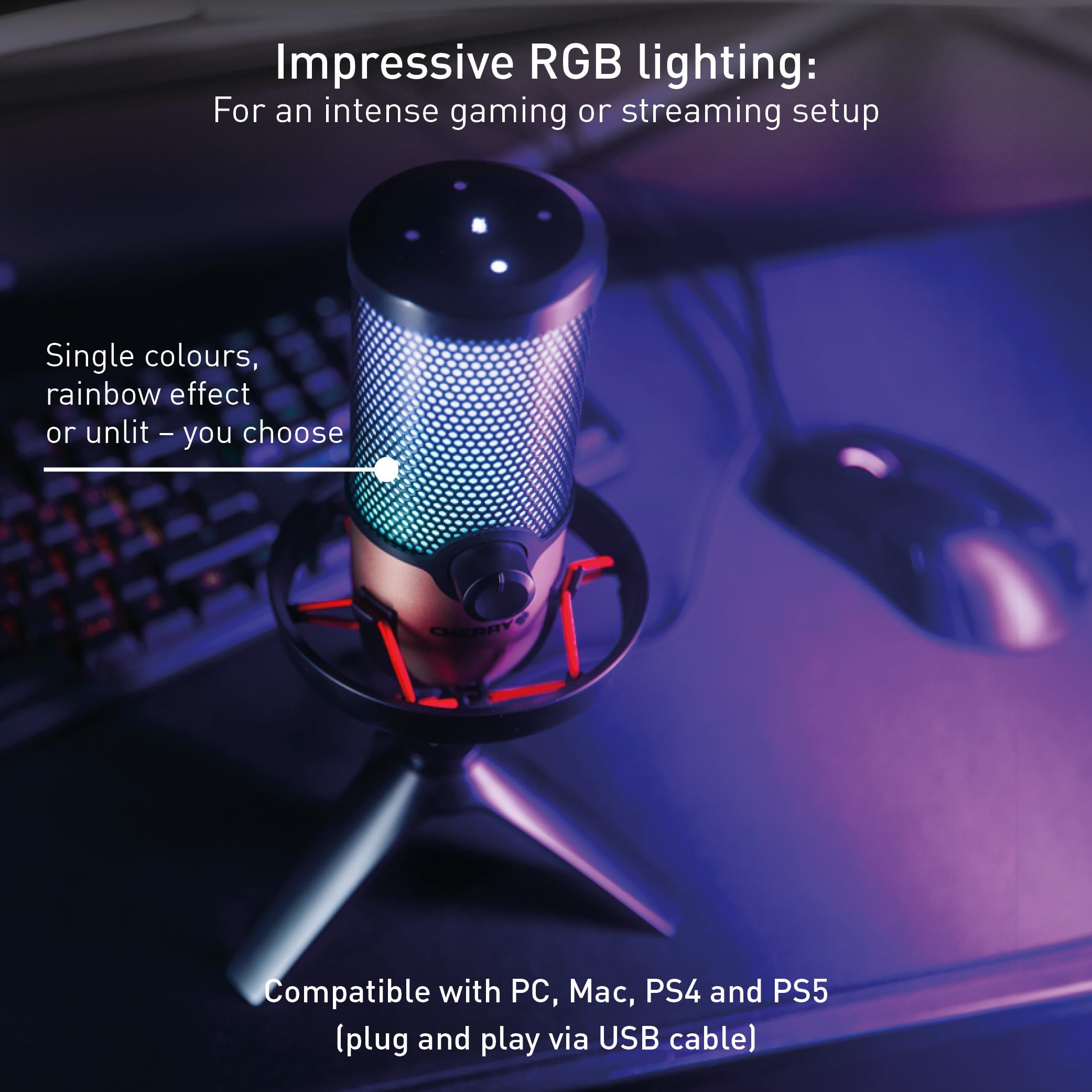 CHERRY UM 9.0 PRO RGB, mikrofon USB z podświetleniem RGB, do gier, streamingu, ASMR, 4 charakterystyki kierunkowe, Shock Mount, Touch Mute, kompatybilny z PC/Mac/PS4/PS5, czarno-miedziany