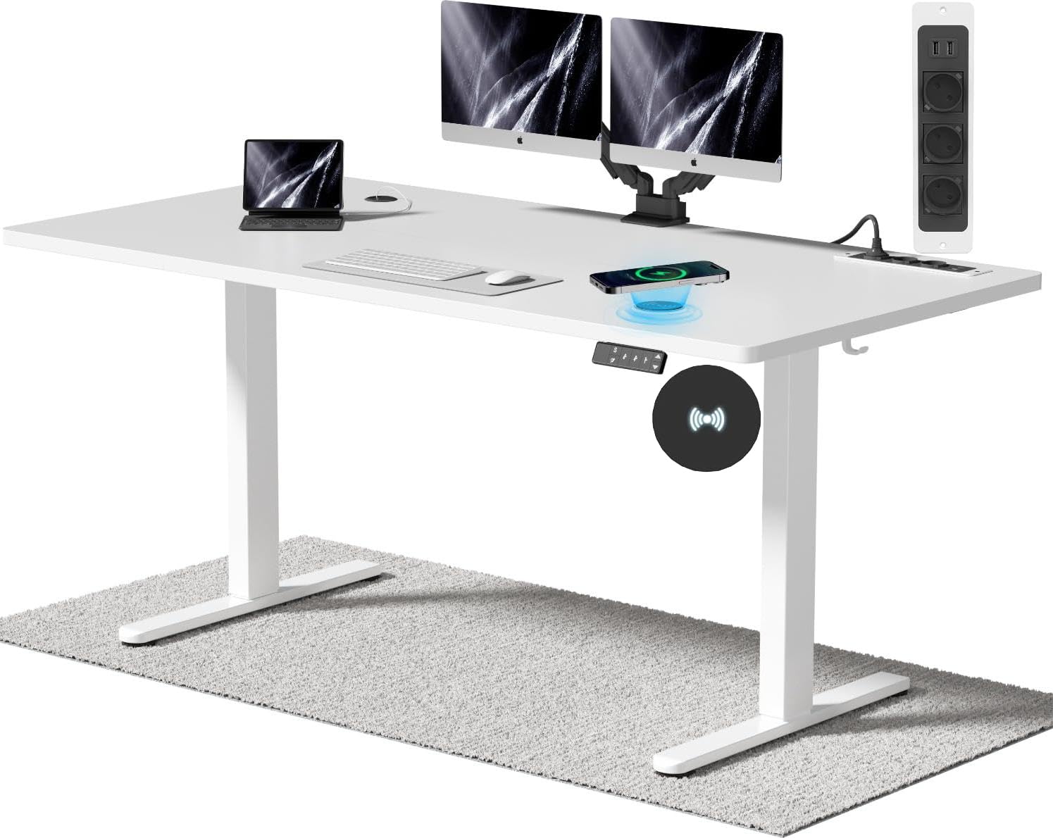 Airfish Höhenverstellbarer Schreibtisch 160x80cm mit Kabelloser Ladestation | Computertisch Elektrisch Stehtisch mit Steckdose & 3-Funktions-Memory und Funktion zur Ermüdungs-Erinnerung, Weiß