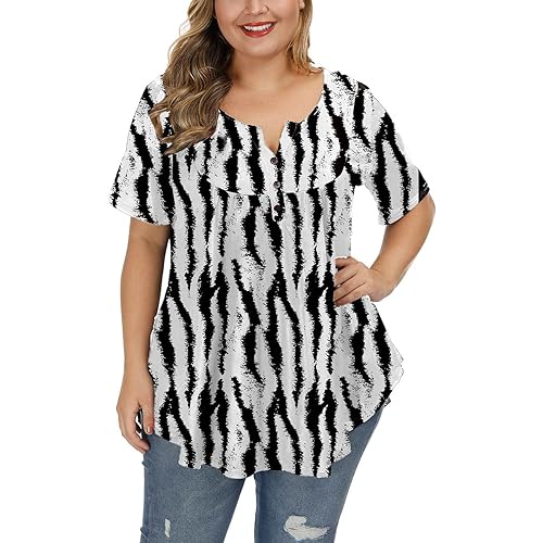 ALLEGRACE Women's Plus Size Floral Blouses Henley V Neck Button Up Tunic Tops Ruffle Flowy Short Sleeve T Shirts