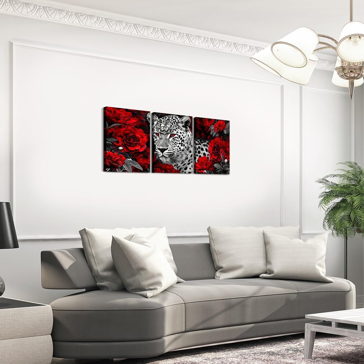 Leopard Canvas Wall Art Set of 3,Red Rose Flowers Paintings Wall Decor for Bedroom Cheetah Print Canvas Art Prints,African Western Wild Animals Pictures Bathroom Wall Decor,Black Grey and White