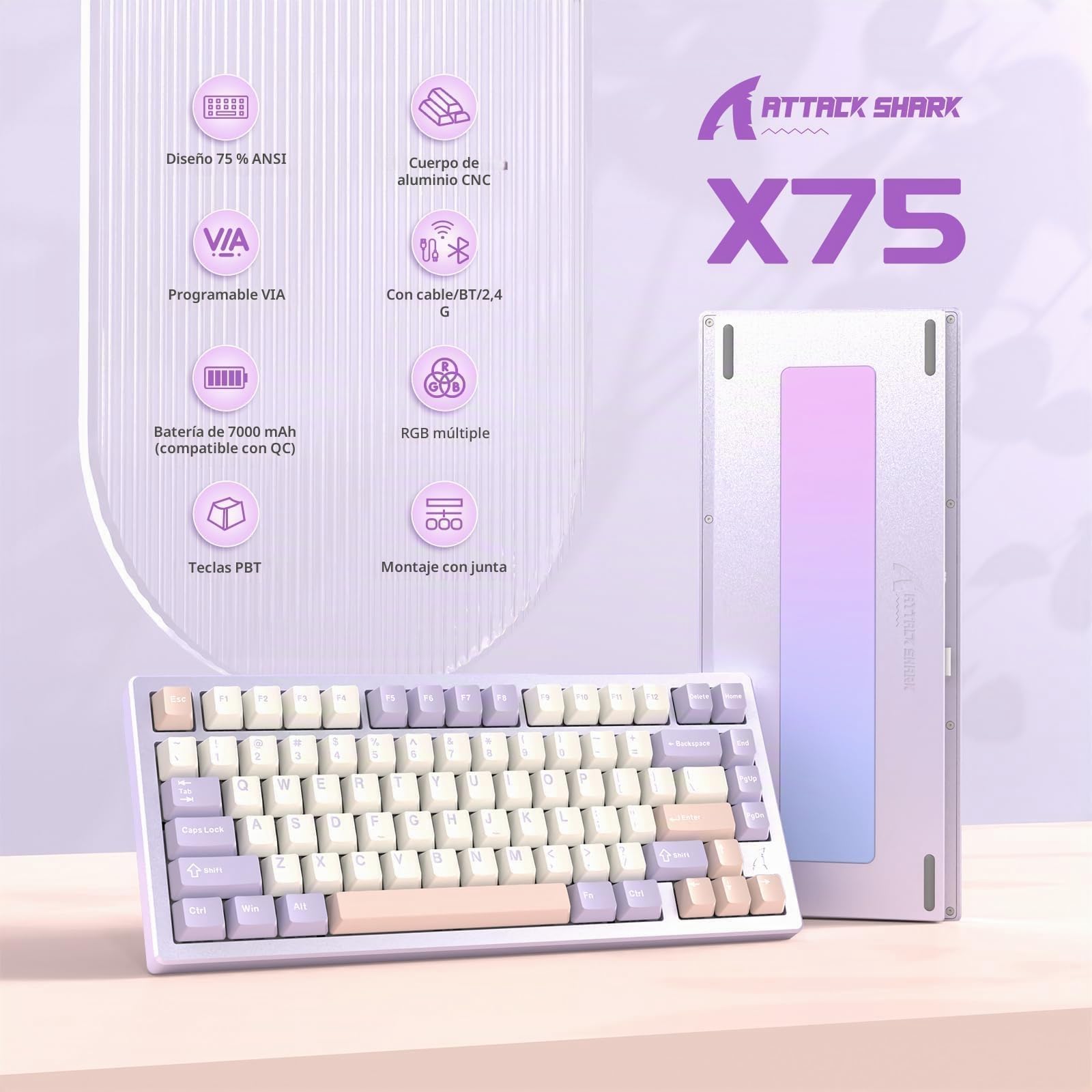 ATTACK SHARK X75 Via Teclado Mecánico Gaming Inalámbrico Completo De Aluminio, BT/2.4G/USB-C, Interruptores Lineales Intercambiables RGB, Diseño QWERTY del 75% con 5 Capas De Amortiguación-Púrpura