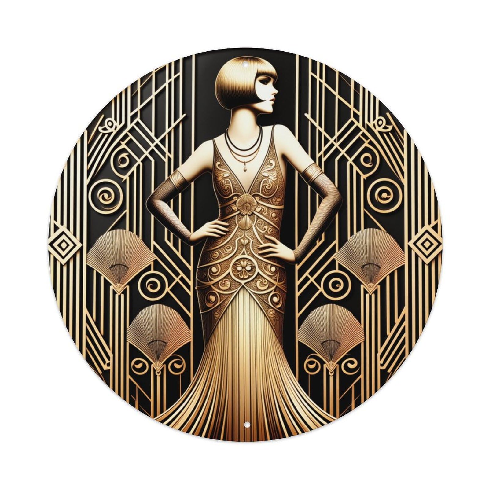 Art Deco Gold Pattern Woman Round Tin Sign Vintage Metal Poster, Home Bar Garage Man Cave Cafe Indoor & Outdoor Wall Decoration 8x8Inches