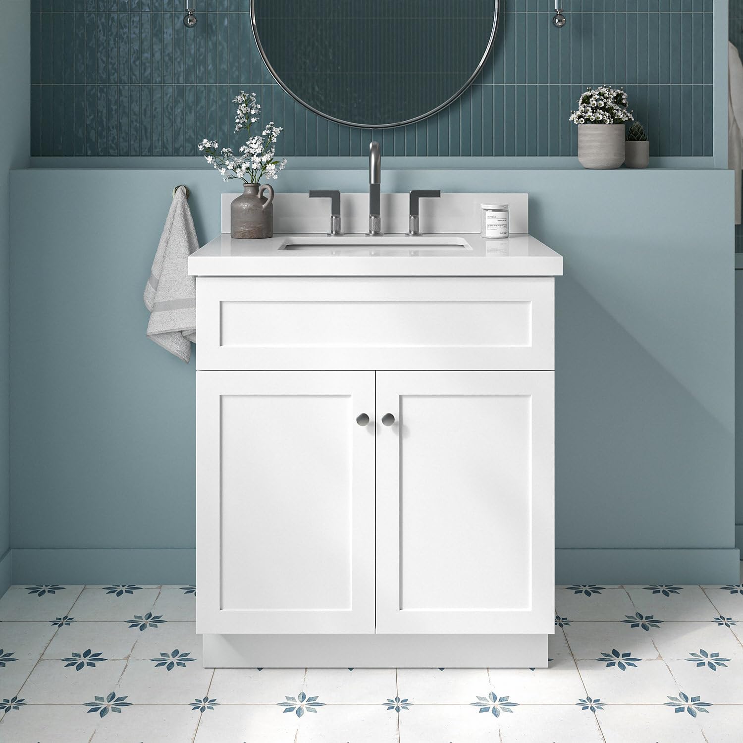 ARIEL Hamlet 30-inch Bathroom Vanity with Sink,Solid Wood, 1.5-inch Pure White Quartz Countertop & Backsplash, Single Oval Porcelain Sink, 2 Soft Closing Doors, Brushed Nickel, White