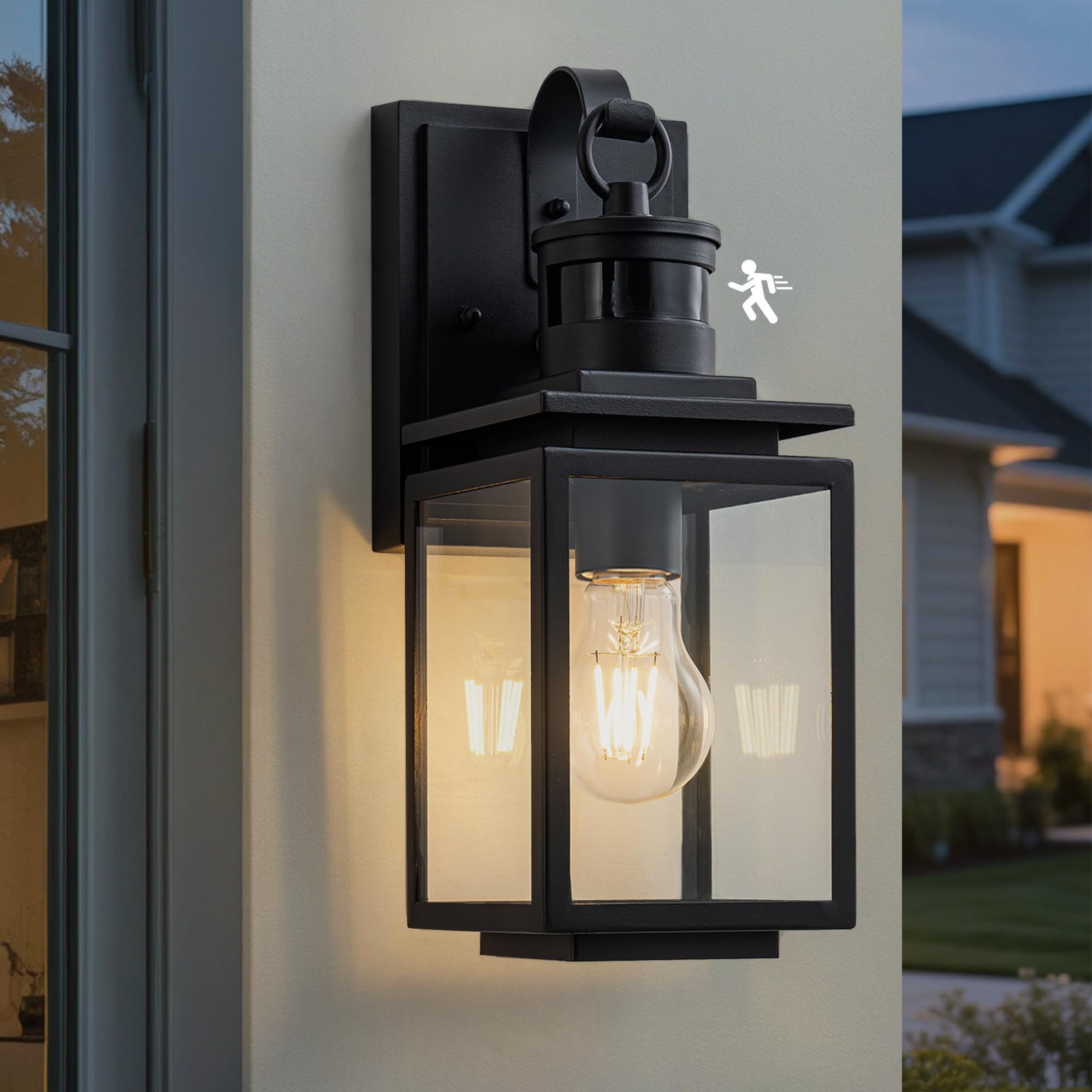 FTL Außenwandleuchte mit Bewegungsmelder, 3 Beleuchtungsmodi Laterne Lampe mit Bewegungsmelder Aussen, Kompatibel mit E27-Sockel, Wasserdichtes Aussenlampe Wand für Terrasse, Haus, Mattschwarz