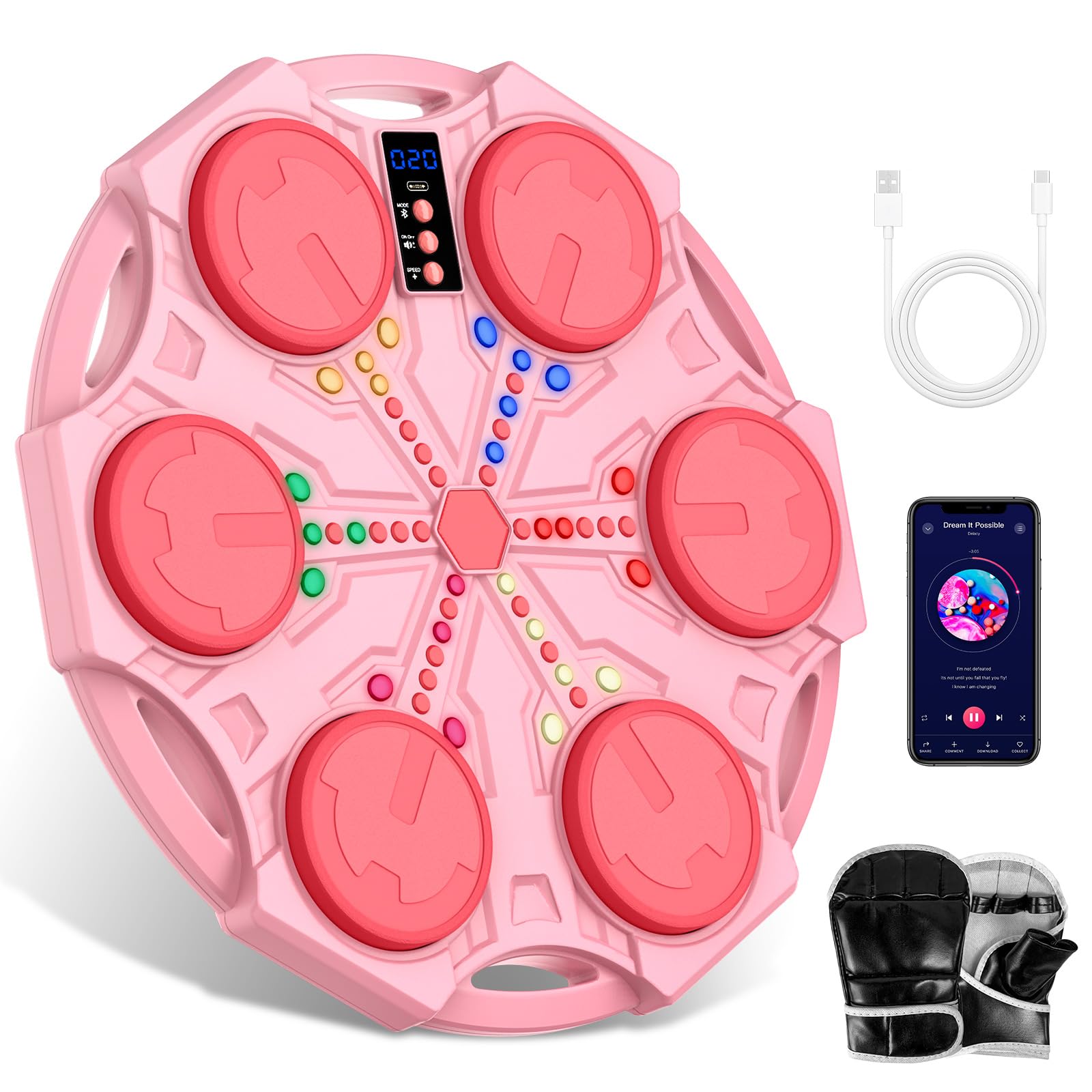 IERAKOR Machine de Boxe Musicale, Boxe Mural Musique avec Gants de Boxe, Mode Bluetooth, Lumières LED Colorées, Réglage à 5 Vitesses, Plusieurs Modes d'Entraînement Sport pour Enfants