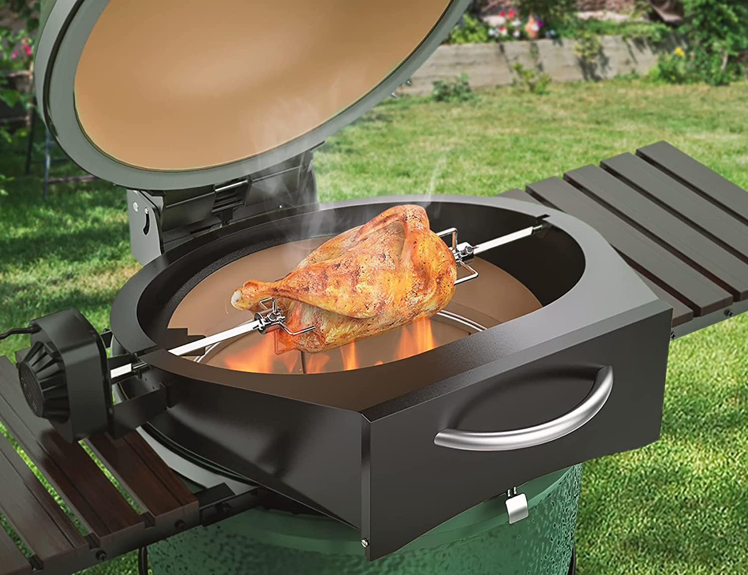 onlyfire PizzaRing Kit mit Drehspieß, Komplettpaket Pizzaofen Umbausatz, incl. Pizzastein und Rotisserie Grillspieß Kompatibel für Big Green Egg Large Kamadogrill Keramikgrill