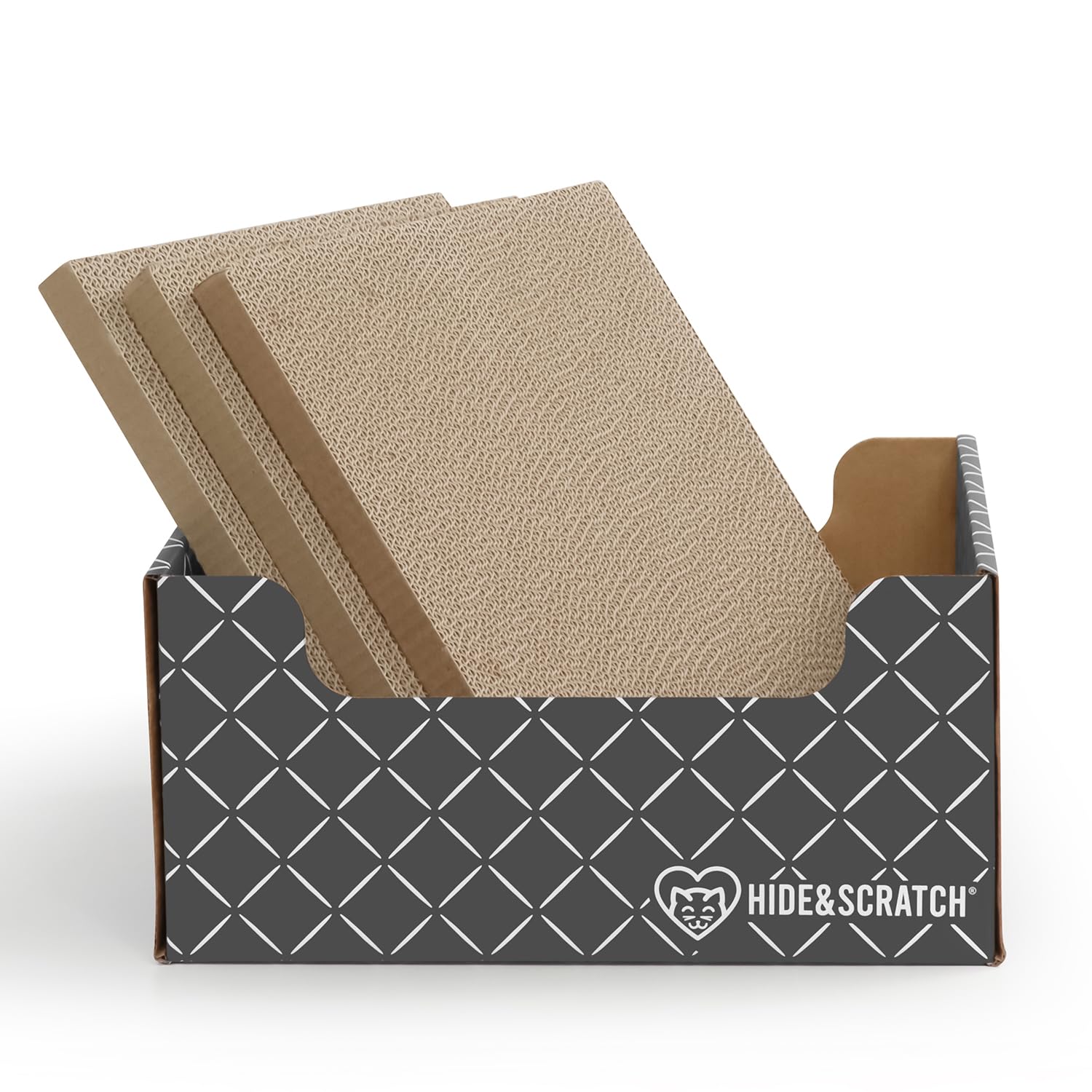 Hide & Scratch: Rascador y Tumbona Extragrande de cartón Resistente para Gatos con Almohadilla Recargable para rascar (Gris Oscuro, 4 Unidades)