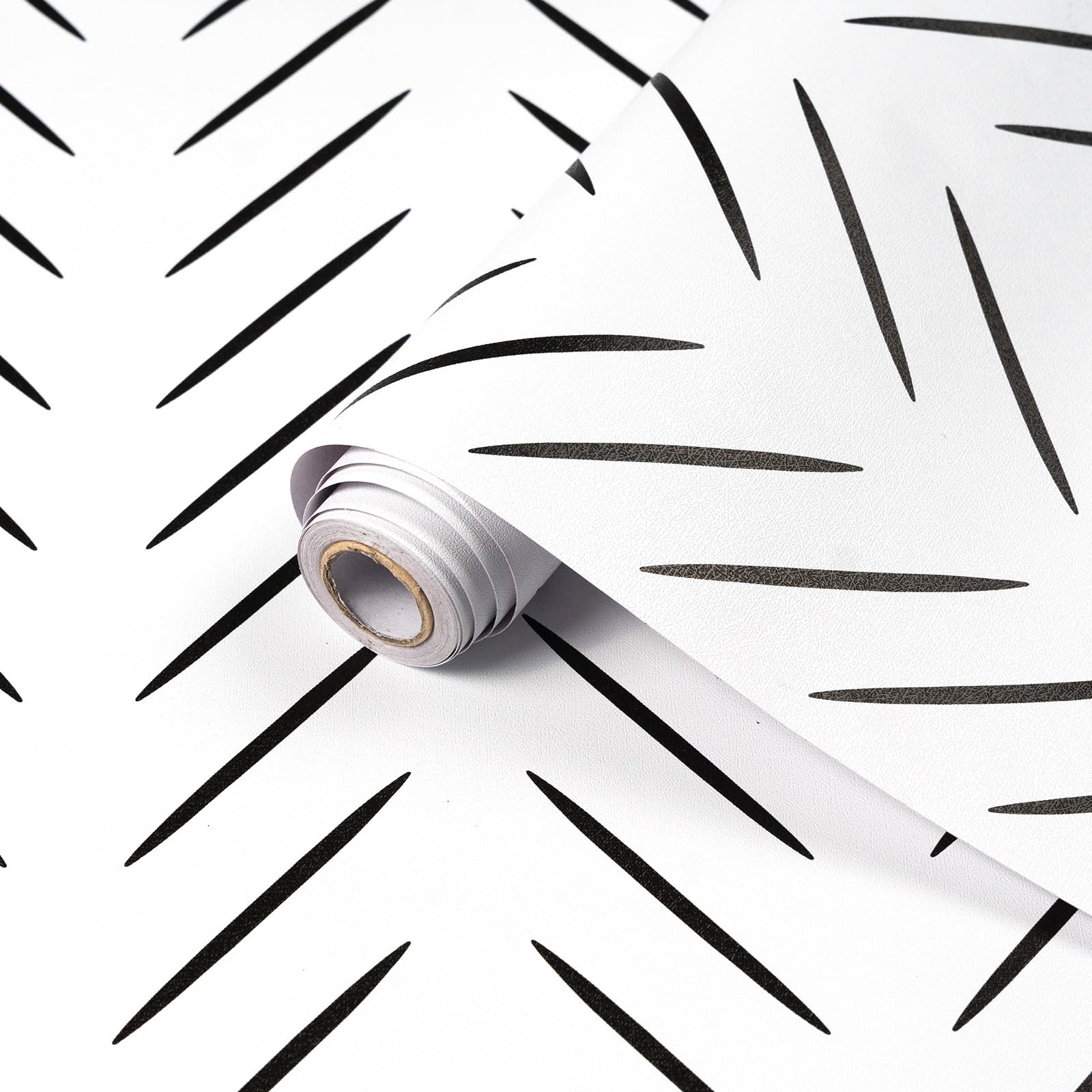 Modern Black and White Herringbone Self-adhesive Wallpaper Peel and Stick 44cm×508cm Removable Contact Paper Waterproof Vinyl Wrap for Kitchen Bedroom, Cabinets, Drawers and Furniture Decoration